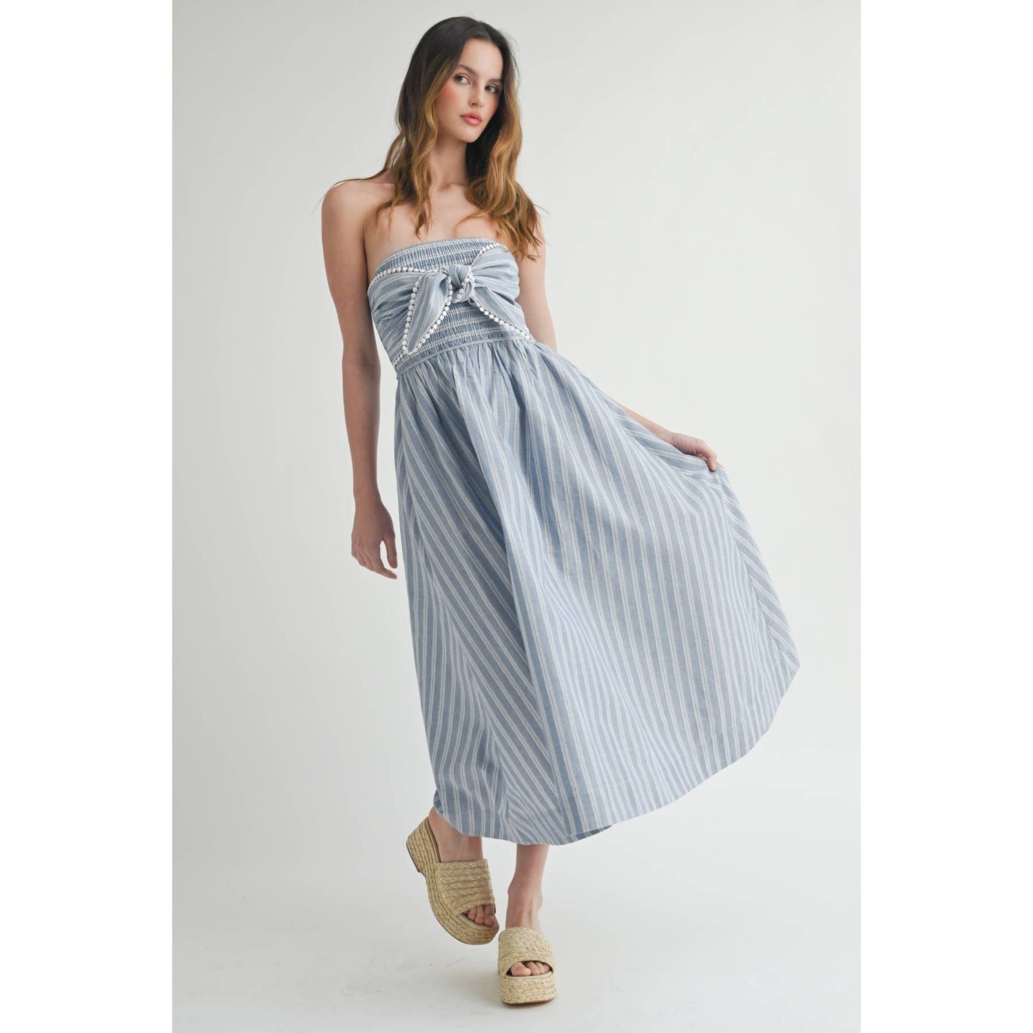 Light Blue/White Elegant Off-Shoulder Striped Maxi Dress Front View