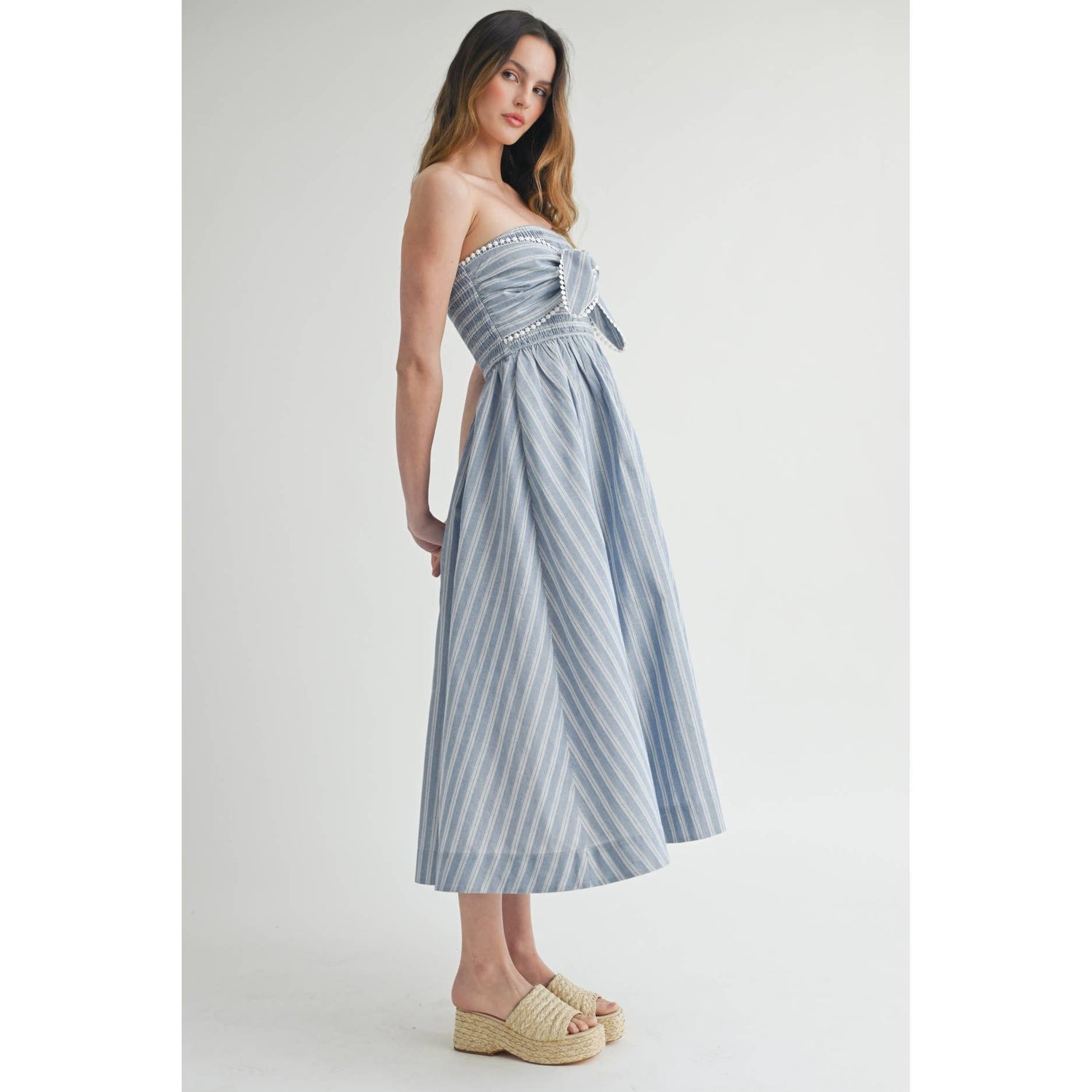 Light Blue/White Elegant Off-Shoulder Striped Maxi Dress Side View