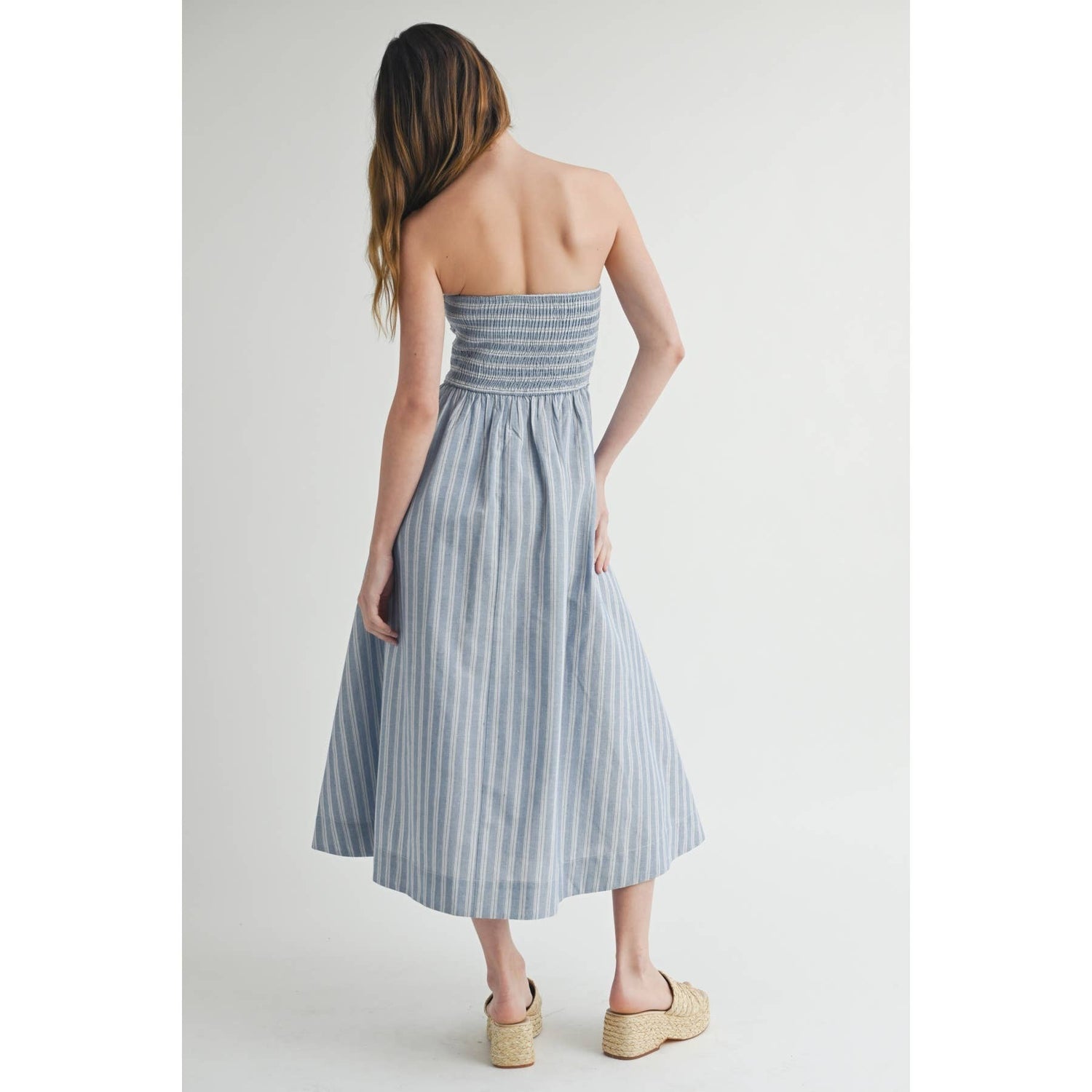 Light Blue/White Elegant Off-Shoulder Striped Maxi Dress Rear View