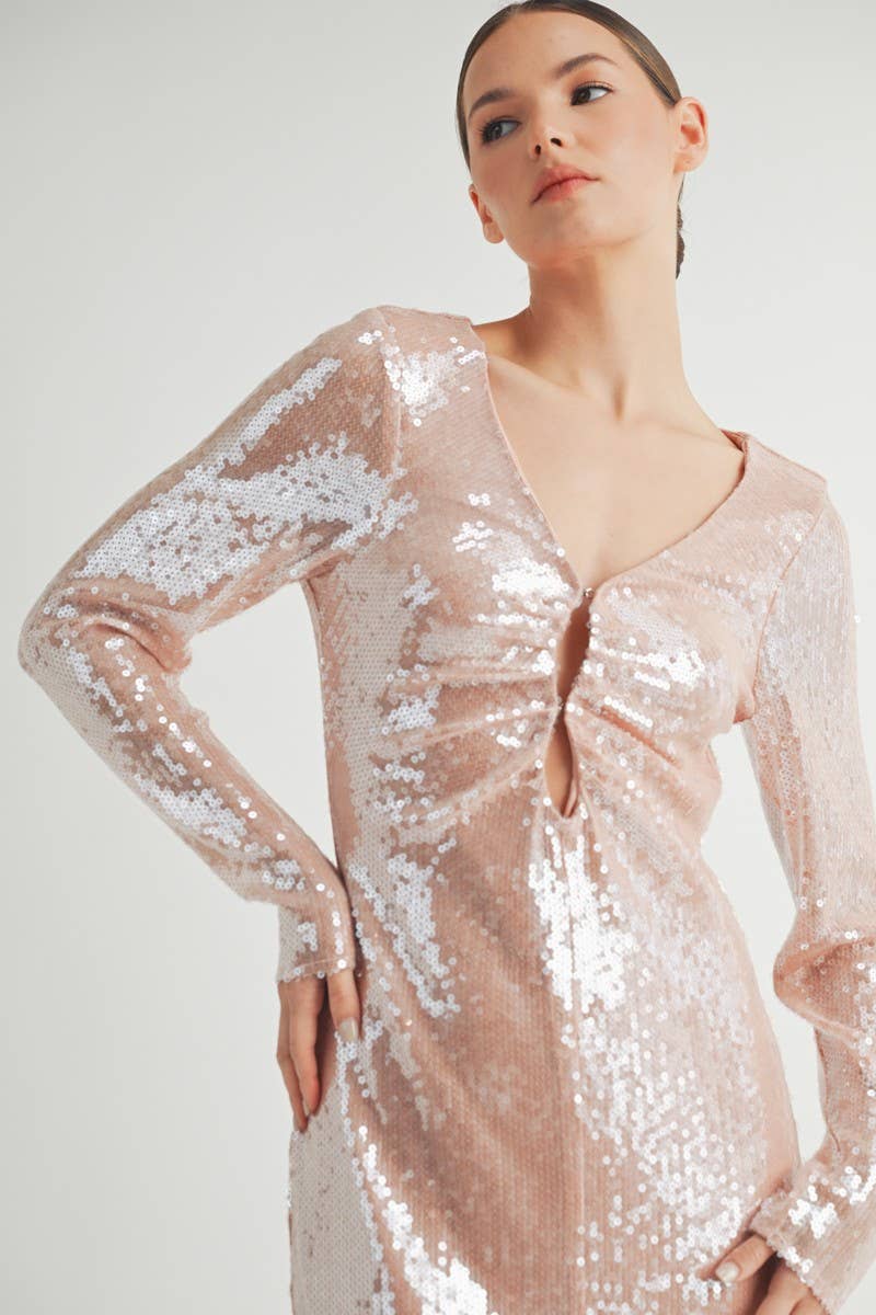 Liora Midi Dress Close-up of sequin embellishment shimmering in light 