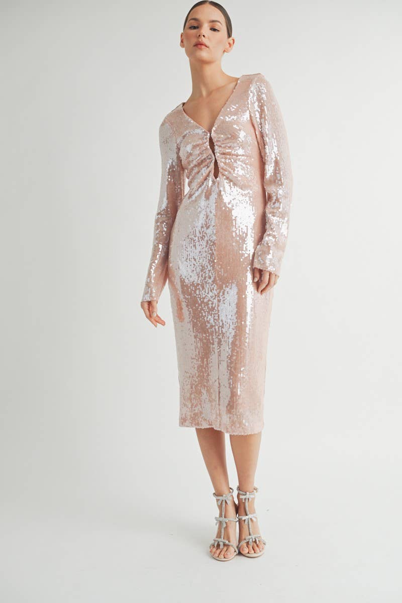 Liora Midi Dress Detail shot of deep V-neckline with front keyhole feature