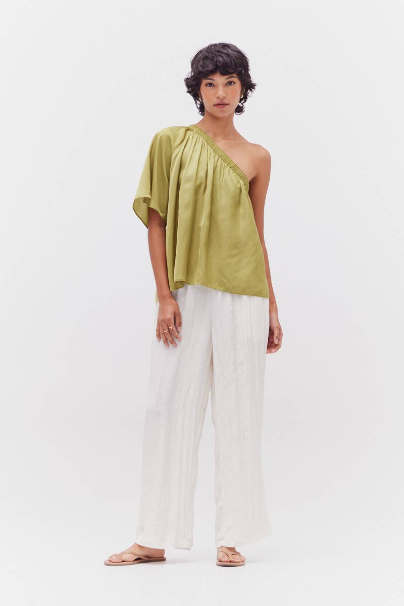 Martini One-Shoulder Satin Top featuring asymmetrical neckline