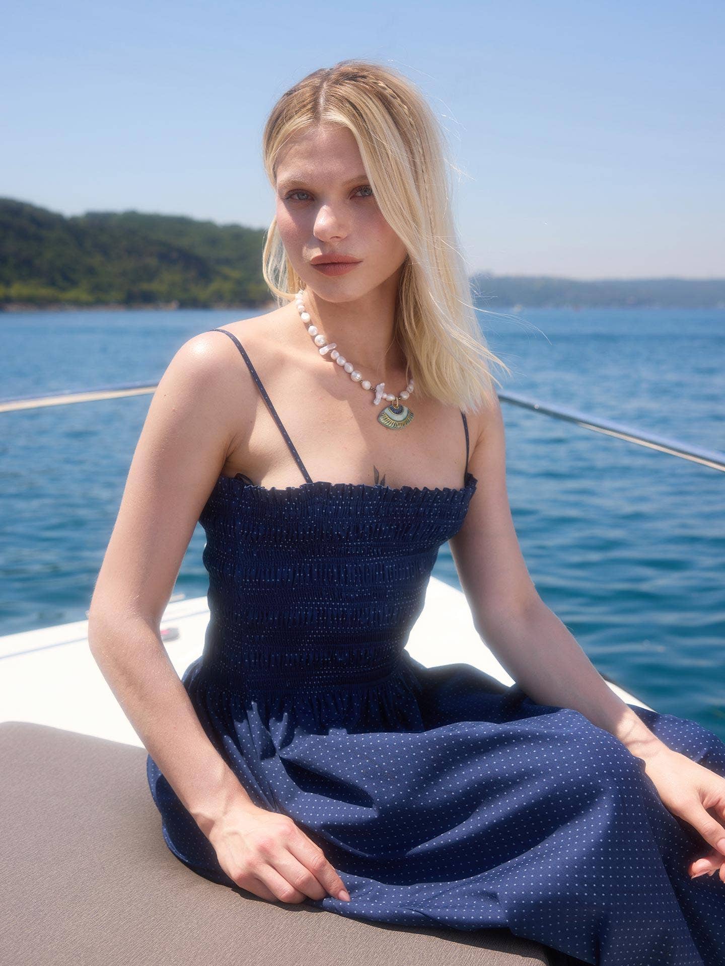 Maya Polka Dot Maxi featuring spaghetti straps and flared skirt