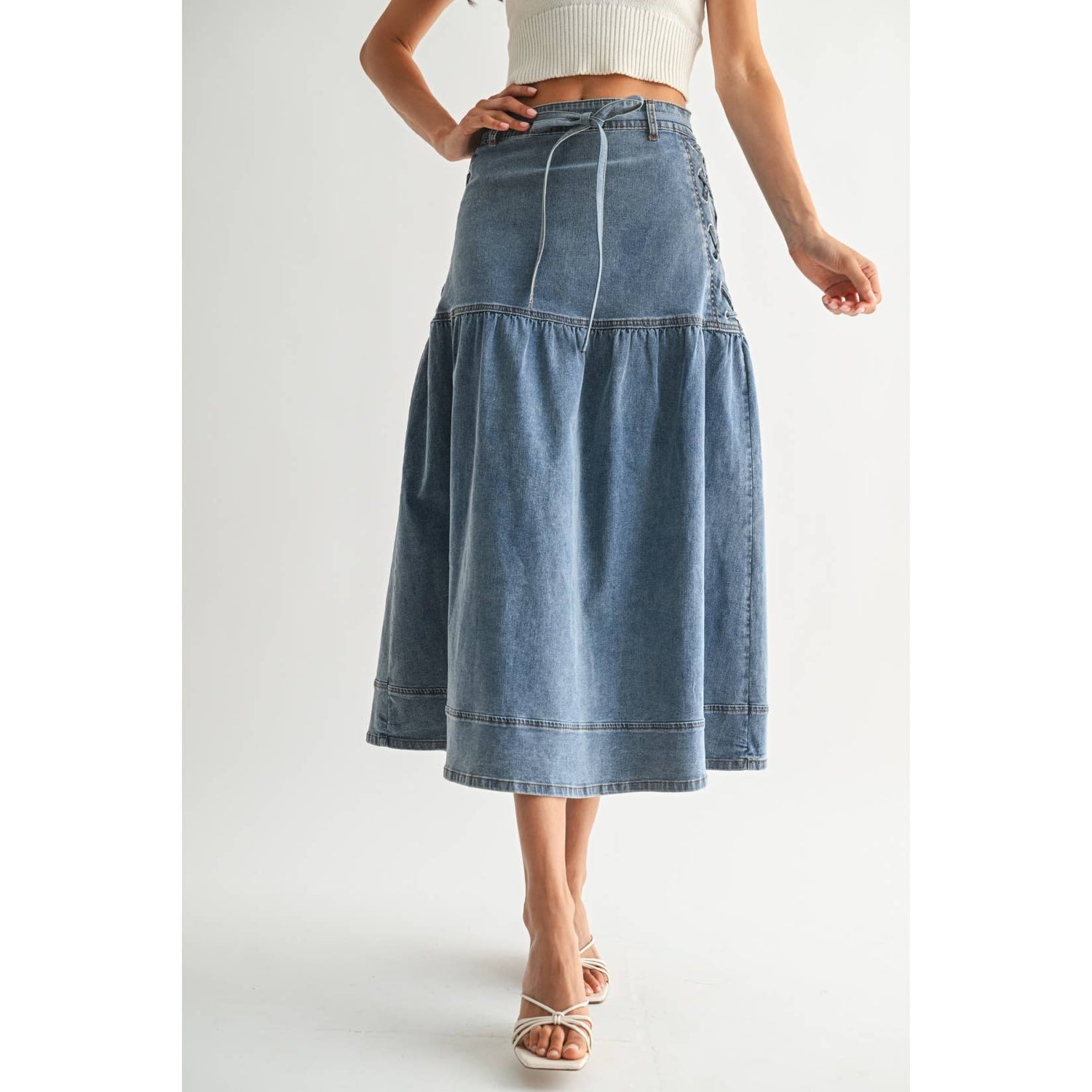 Medium Wash Denim Midi Skirt with Lace-Up Detail and Tie Closure