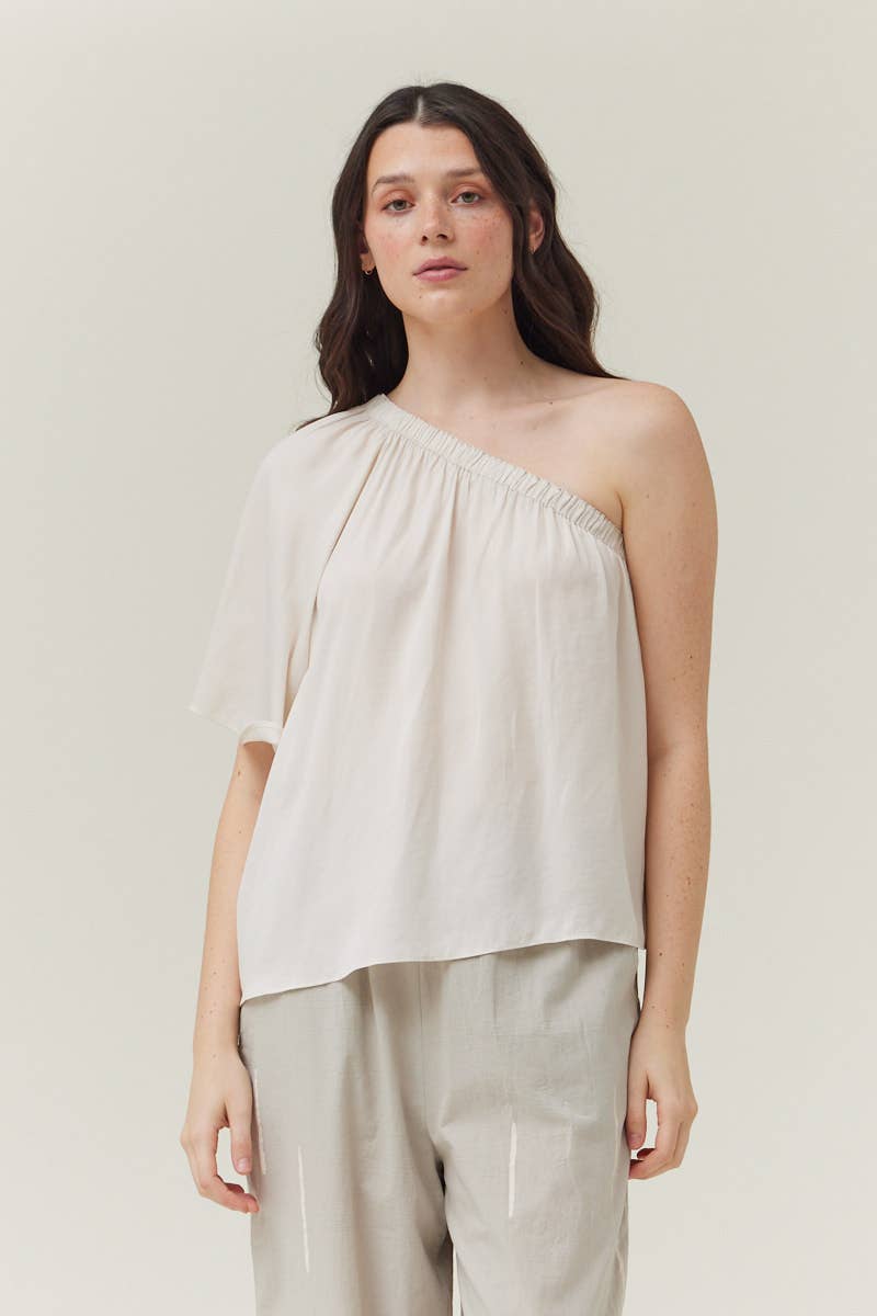 Milk One-Shoulder Satin Top showcasing off the shoulder style