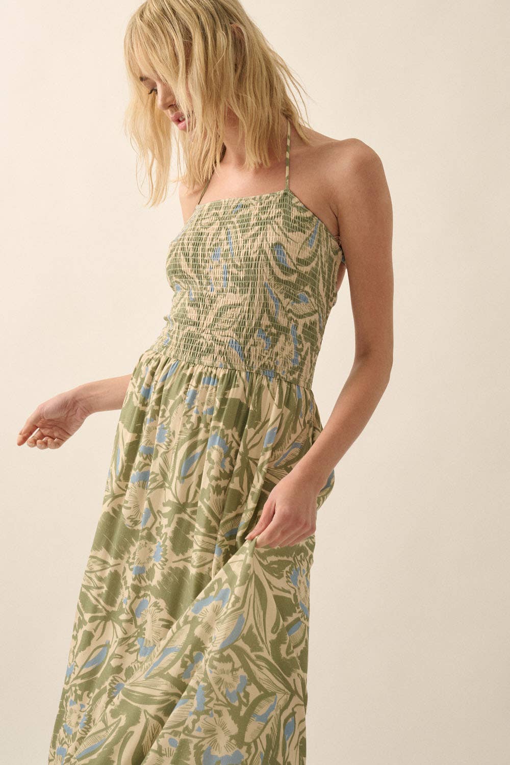 Natural Floral Fit and Flare Maxi Dress in neutral tones