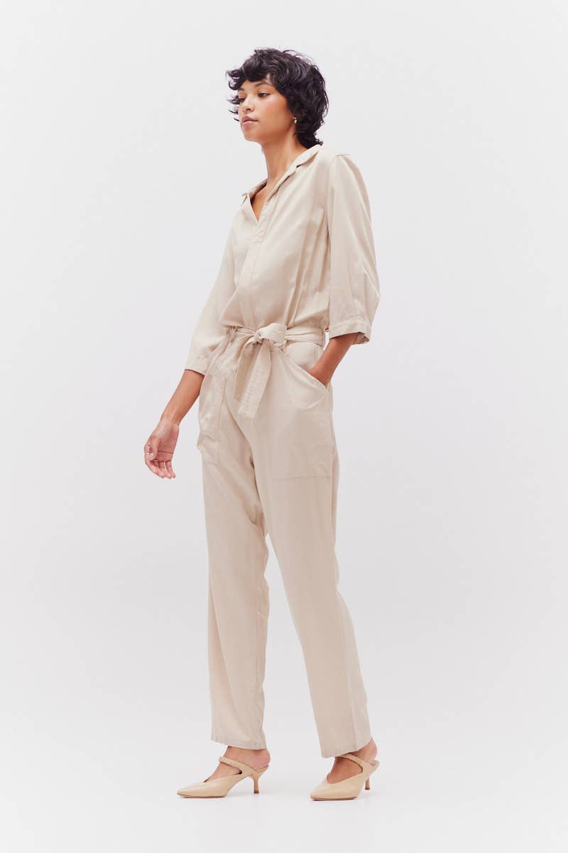 Natural Tencel Jumpsuit showcasing pockets