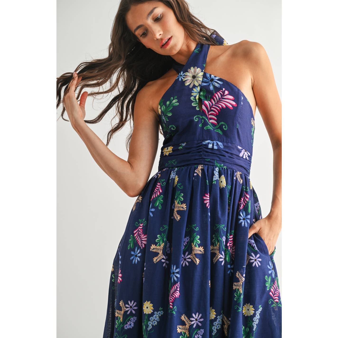 Navy Multi Floral Maxi Dress featuring halter neckline