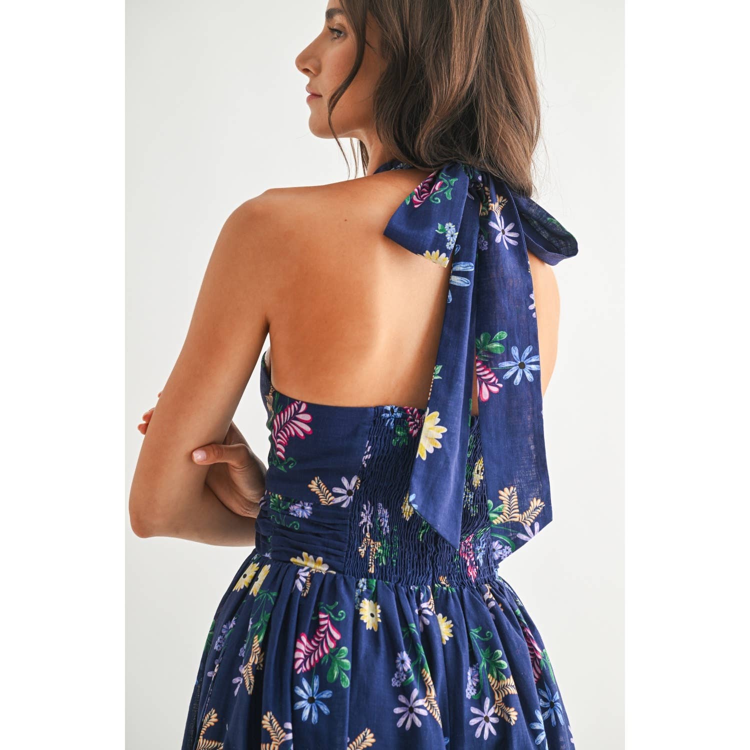 Navy Multi Floral Maxi Dress Rear View featuring tie neckline and ruched back