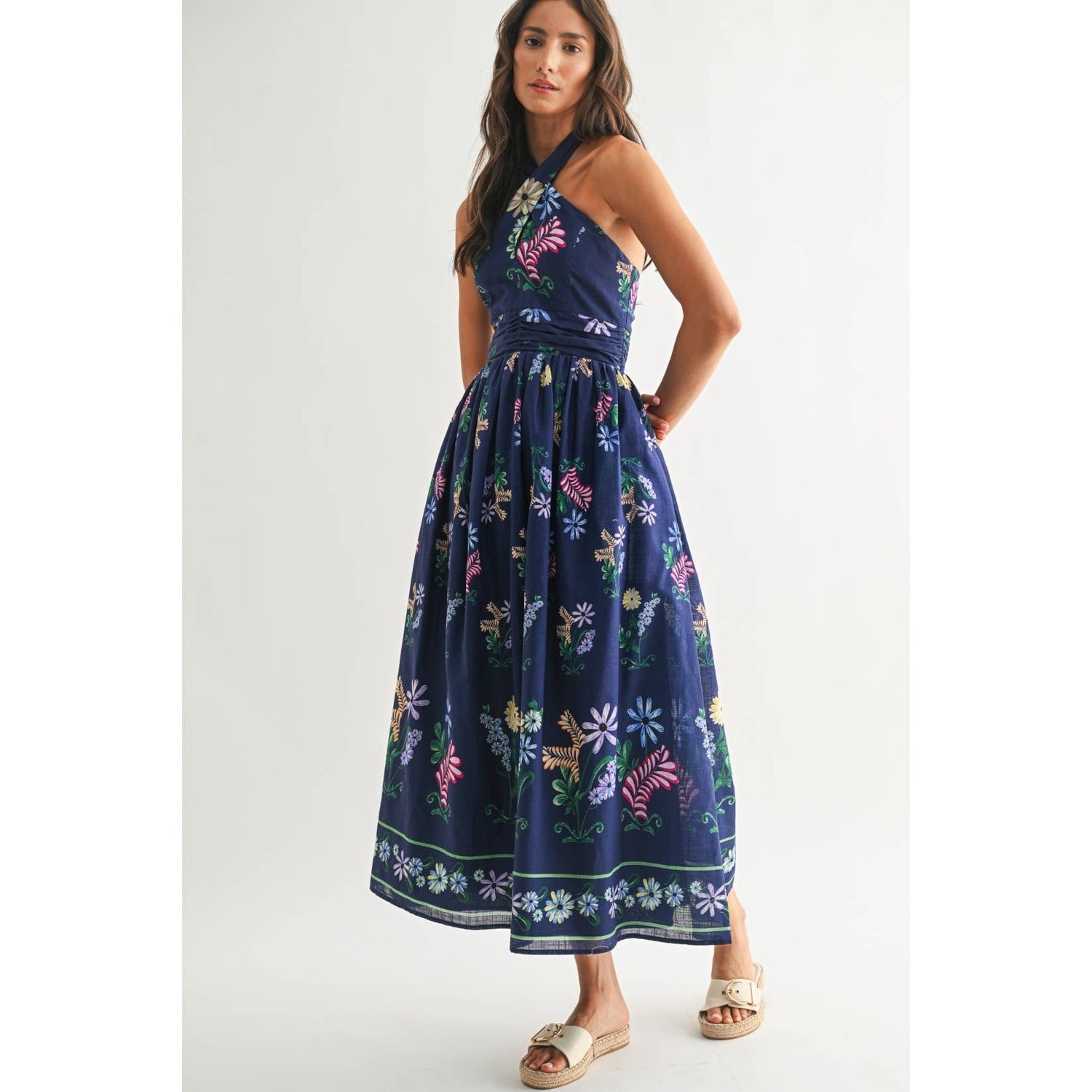 Navy Multi Floral Maxi Dress Front View showcasing halter style