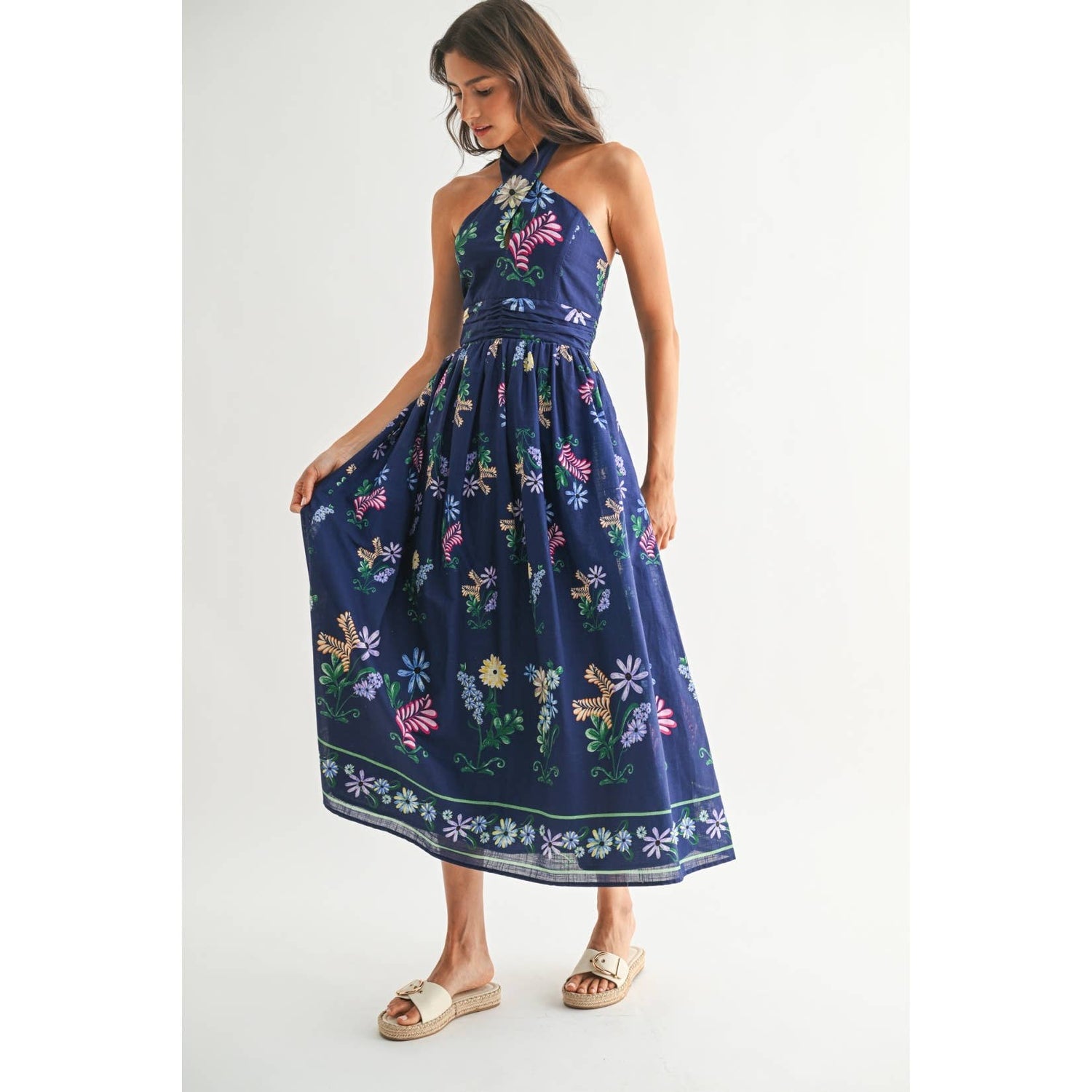 Navy Multi Floral Maxi Dress featuring floral pattern with contrasting hem and A-line style