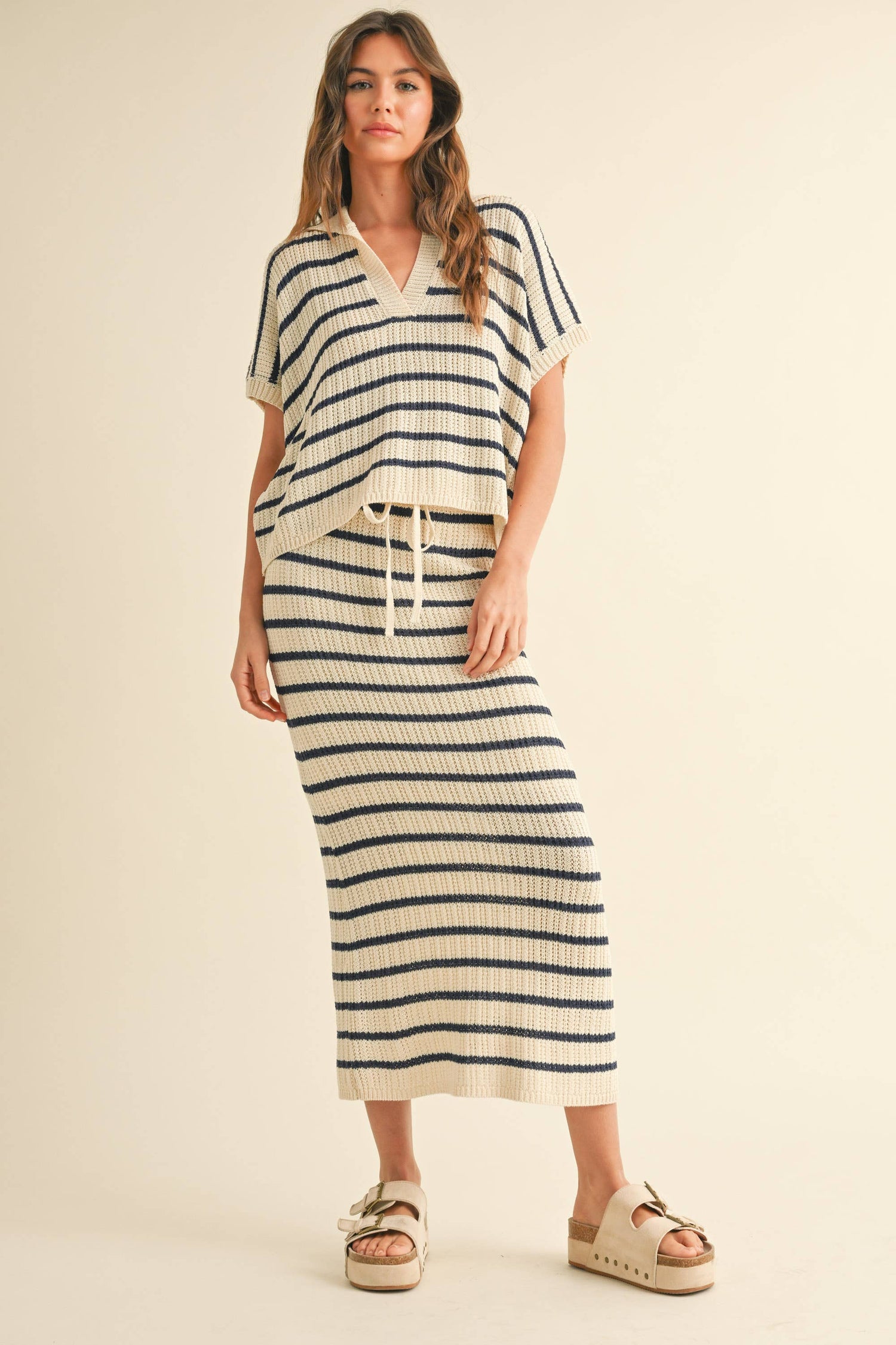 Navy Stripe Pattern Knitted Long Skirt