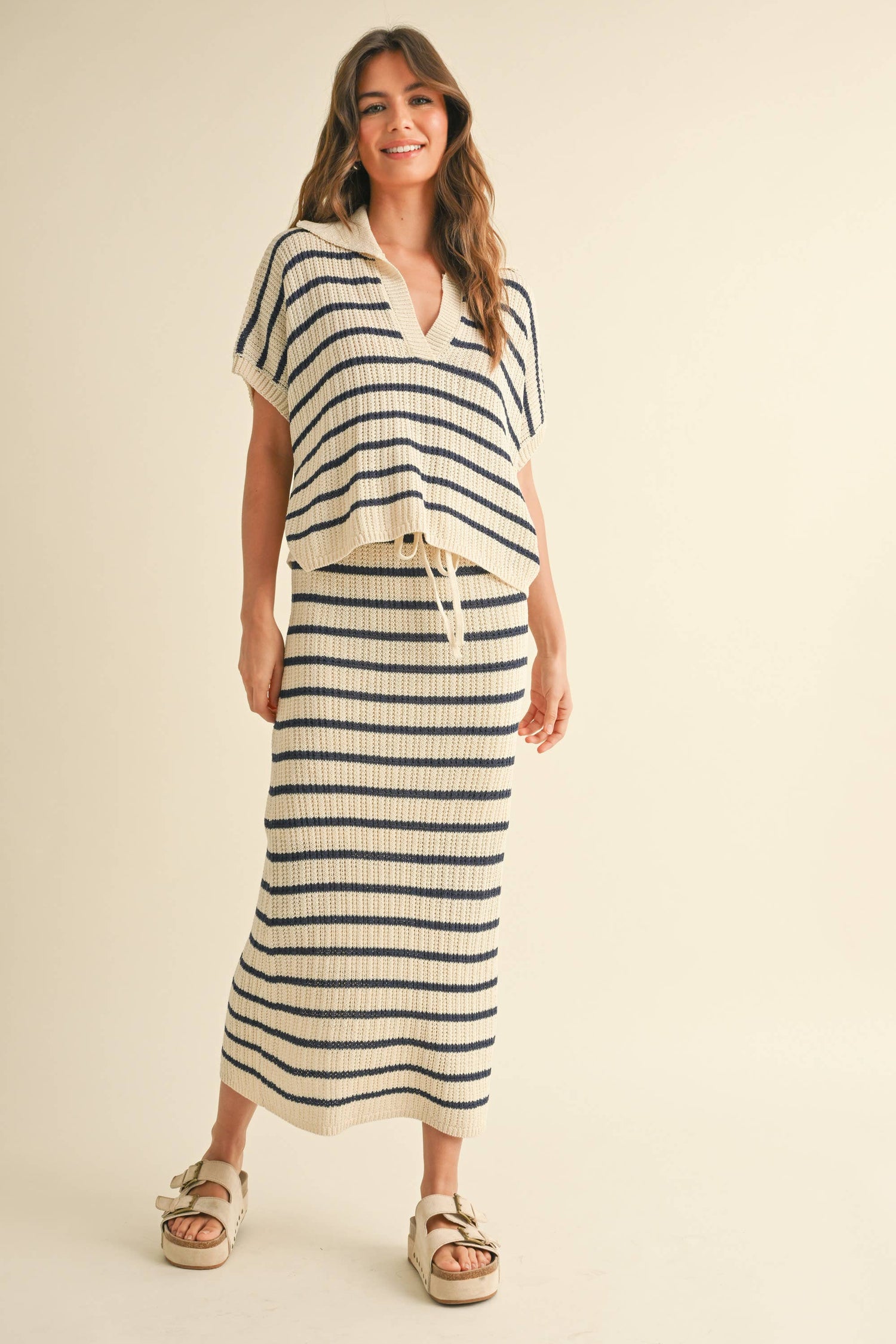 Navy Stripe Pattern Knitted Long Skirt worn with matching top