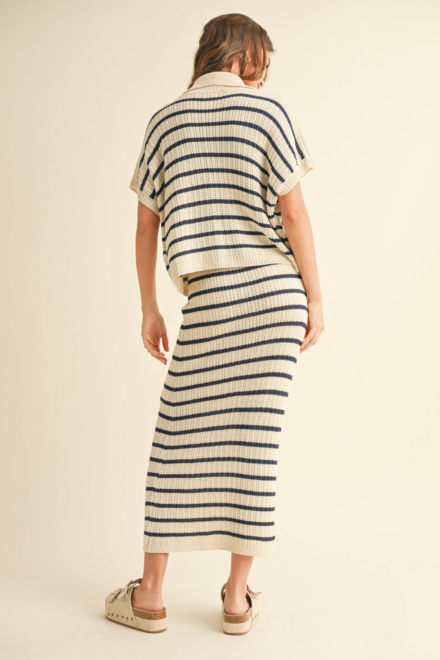 Navy Stripe Pattern Knitted Long Skirt Rear View