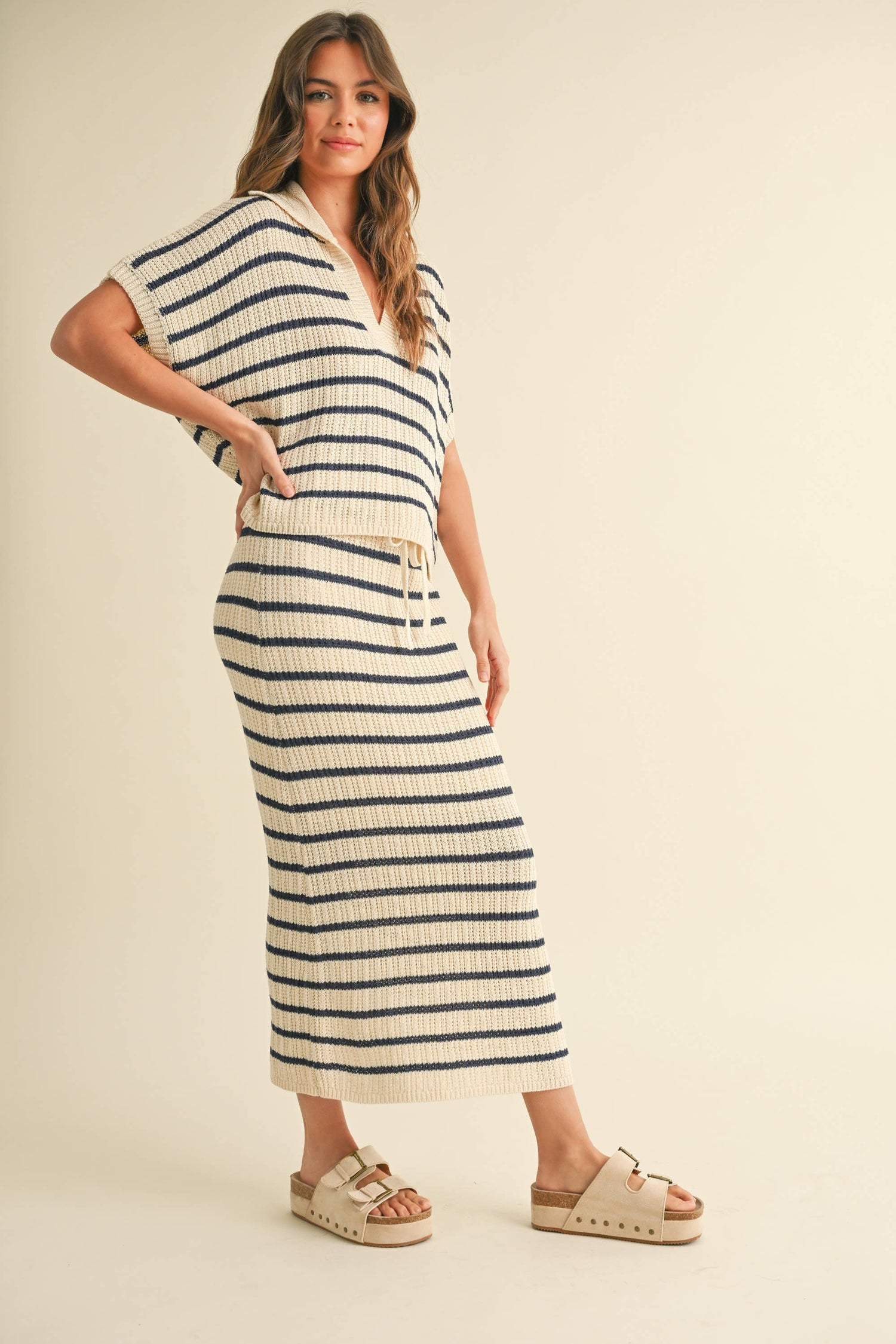 Navy Stripe Pattern Knitted Long Skirt available as set