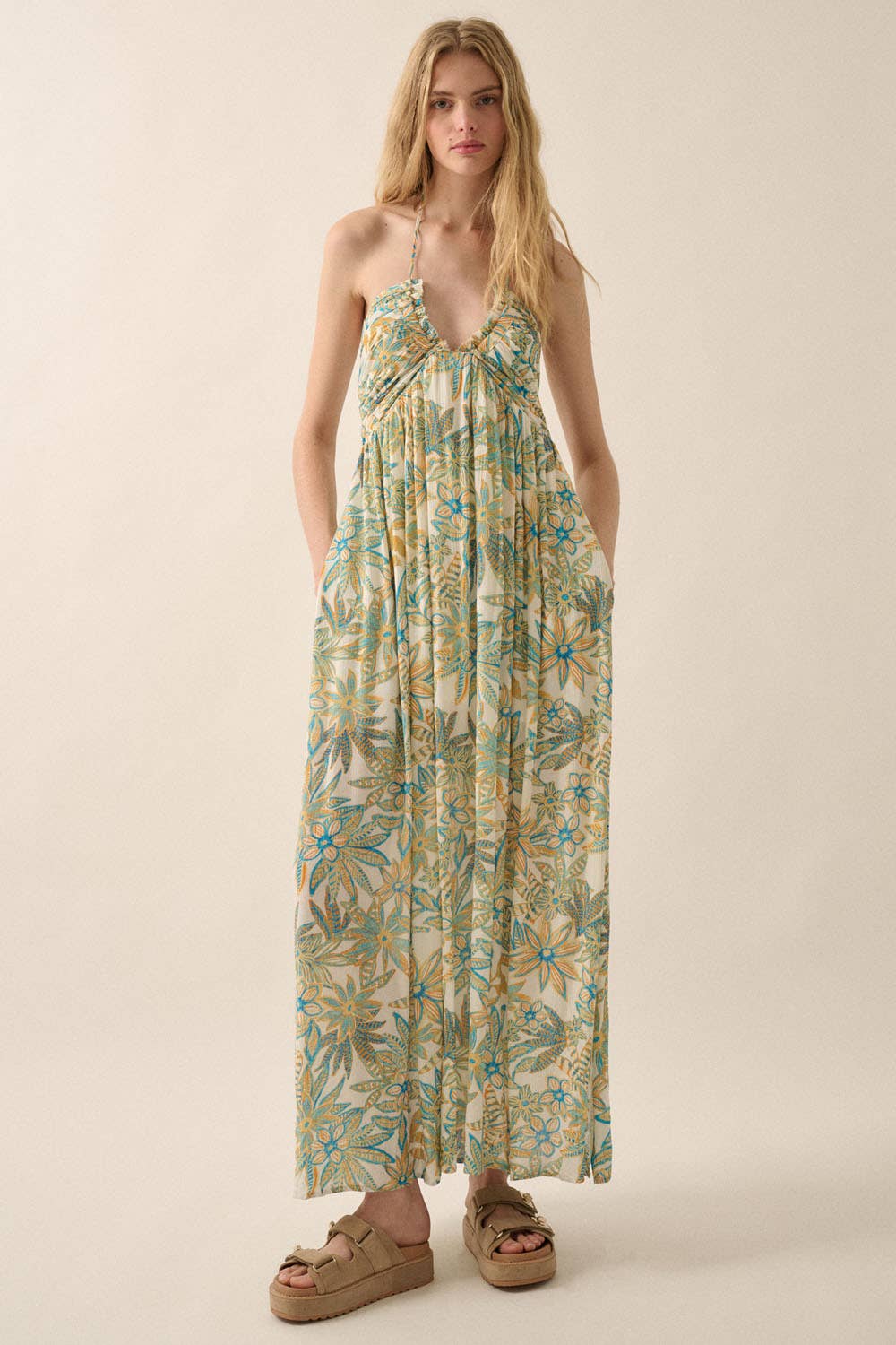 Off White-Blue Floral Tie-Back Halter Maxi Dress