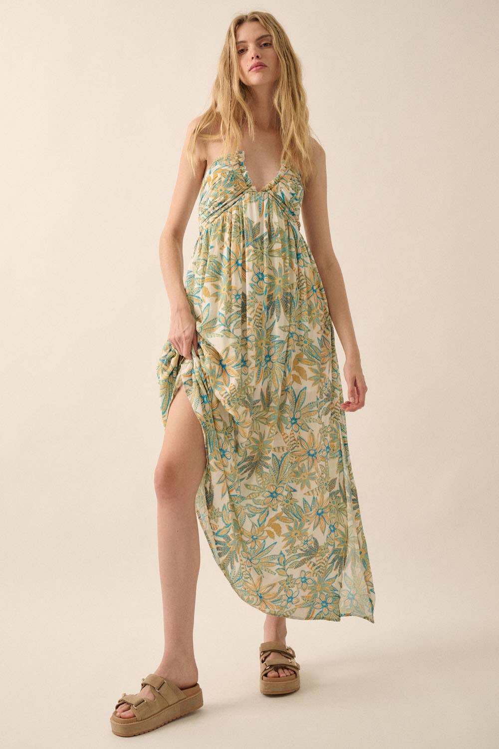 Off White-Blue Floral Tie-Back Halter Maxi Dress Front View