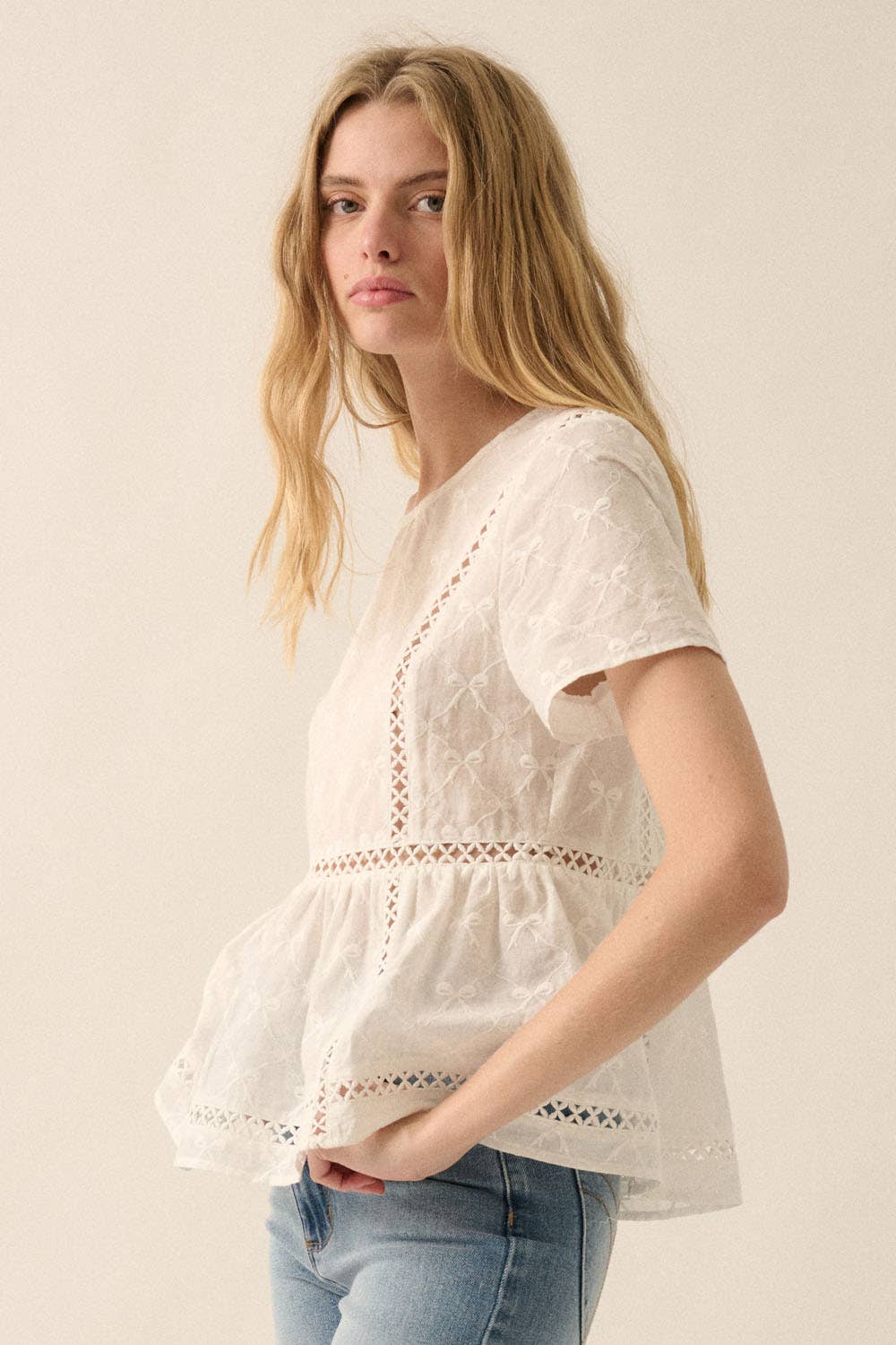 Off White Bow-Embroidered Lace-Trim Ruffled Babydoll Top