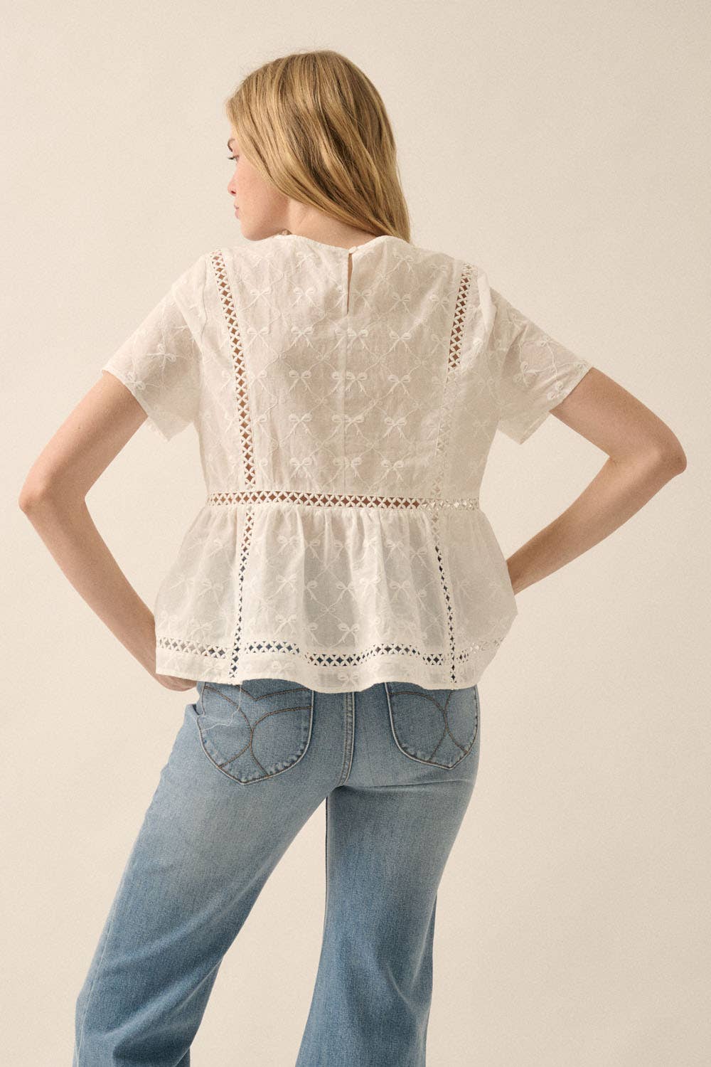 Off White Bow-Embroidered Lace-Trim Ruffled Babydoll Top Rear View