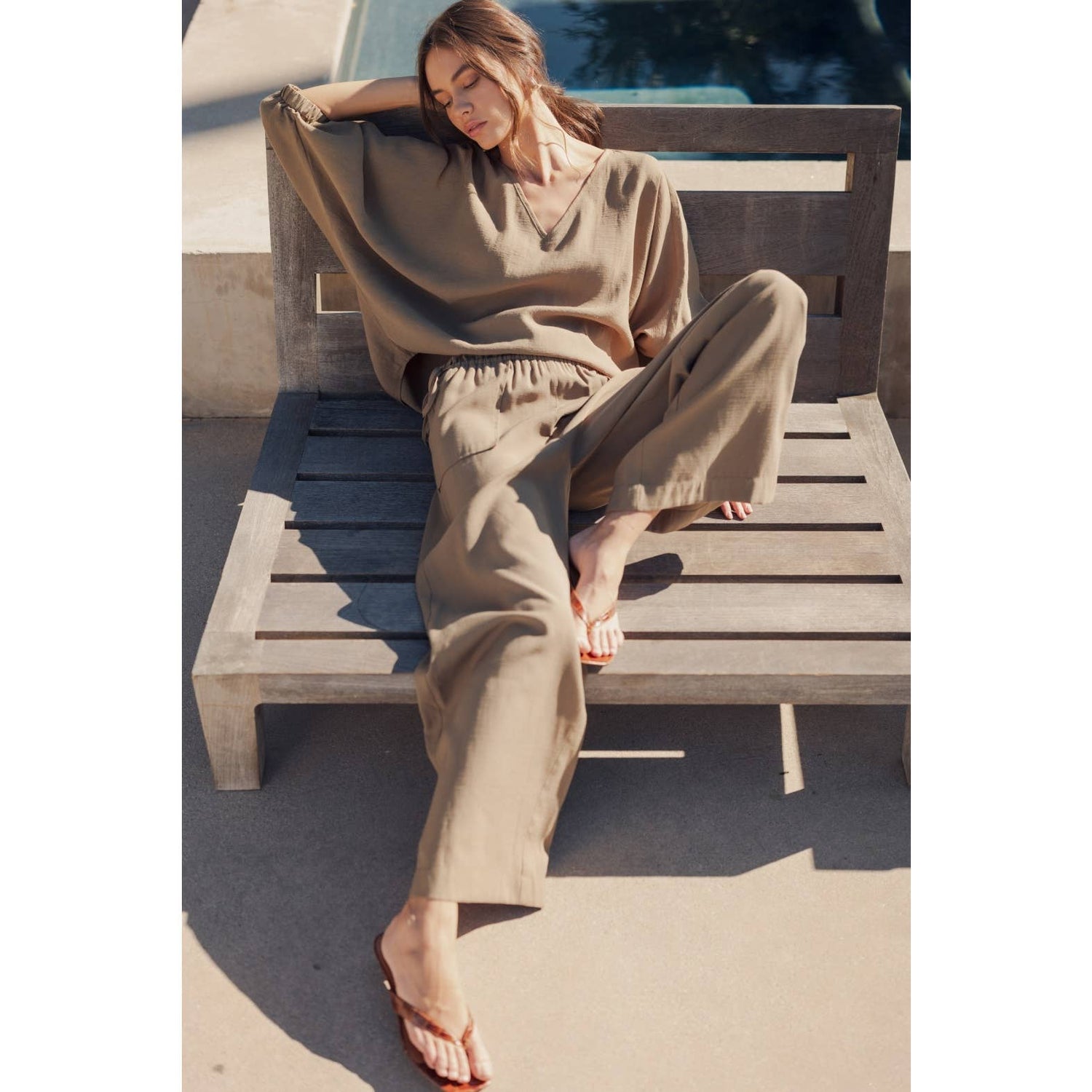 Olive Ruffle Waist with Tie Full Length Pants