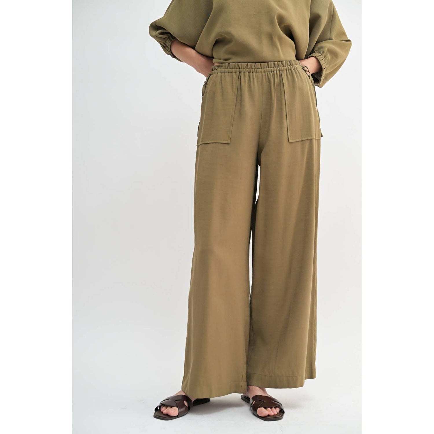 Olive Ruffle Waist with Tie Full Length Pants Front View
