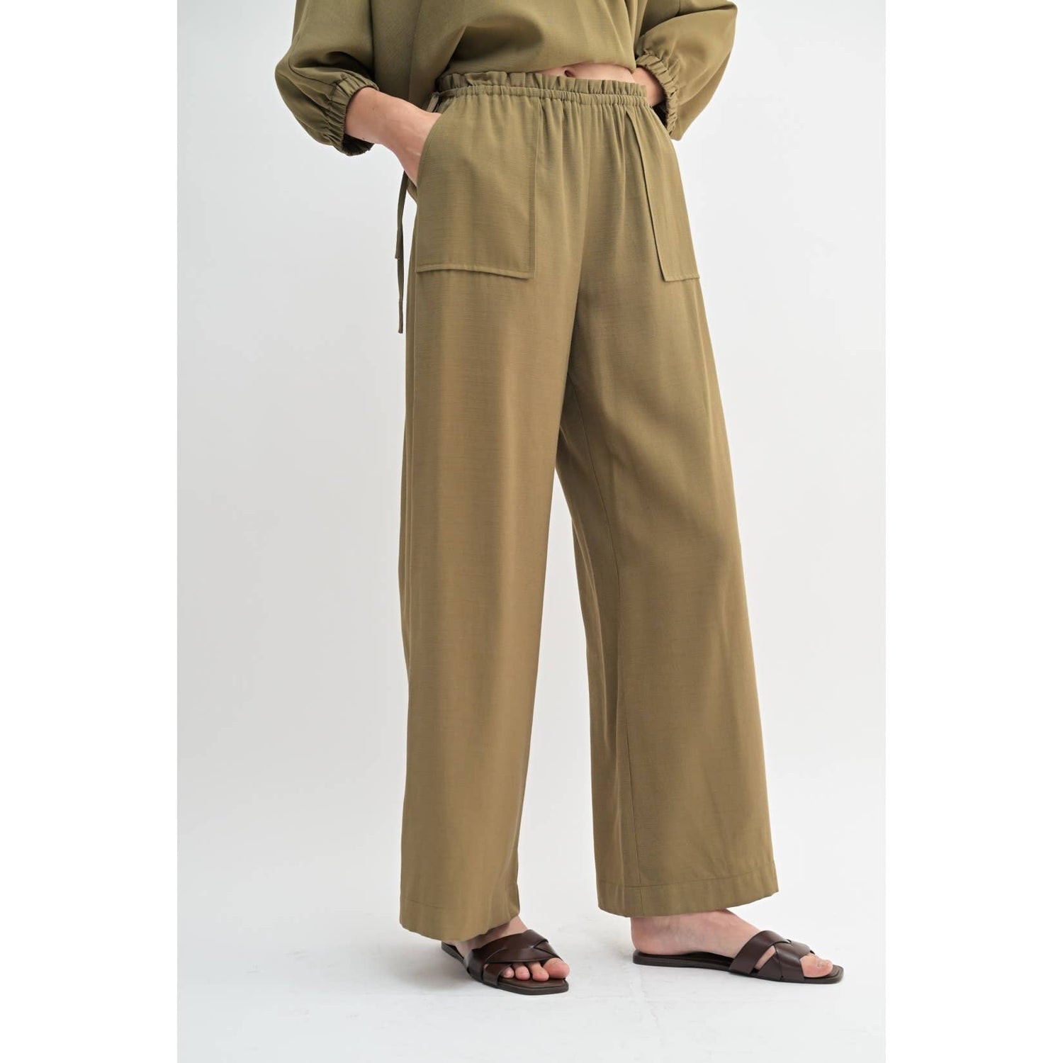 Olive Ruffle Waist with Tie Full Length Pants showcasing pockets