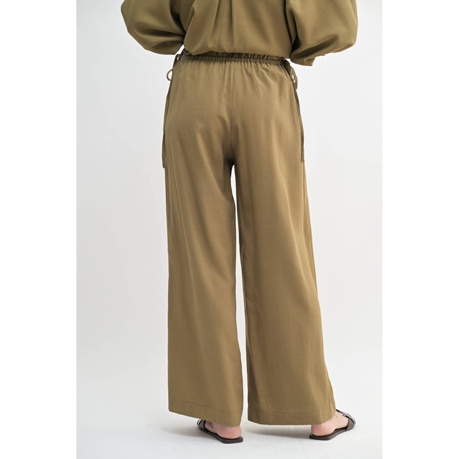 Olive Ruffle Waist with Tie Full Length Pants Rear View