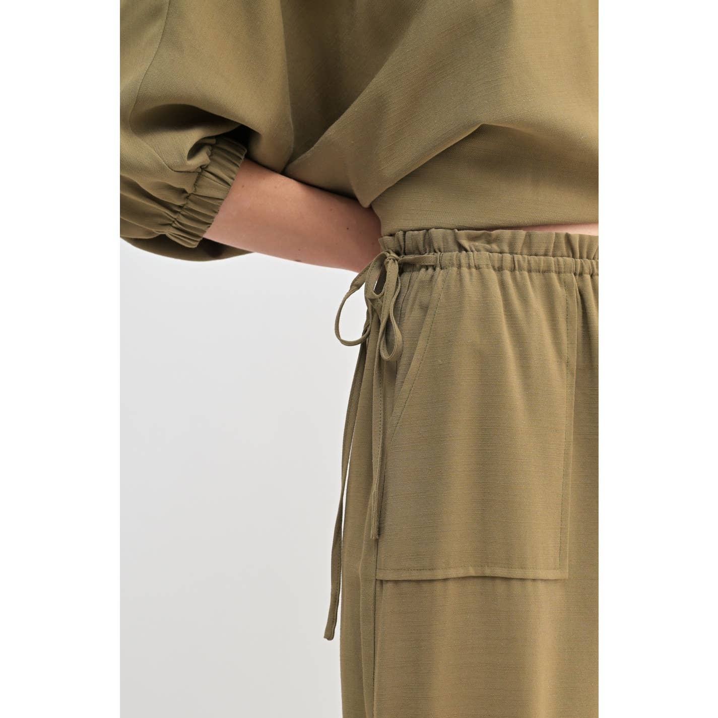 Olive Ruffle Waist with Tie Full Length Pants showcasing tie wist