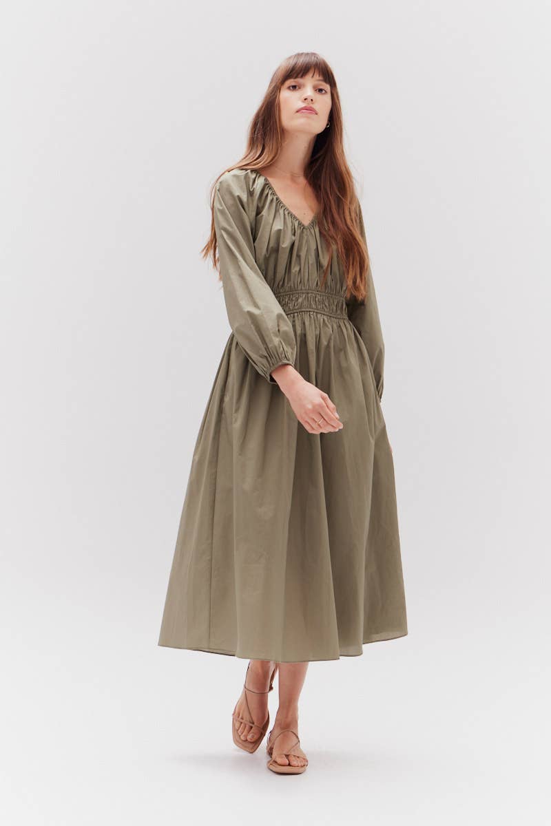 Olive Summer Cotton Midi Dress featuring gathered bodice