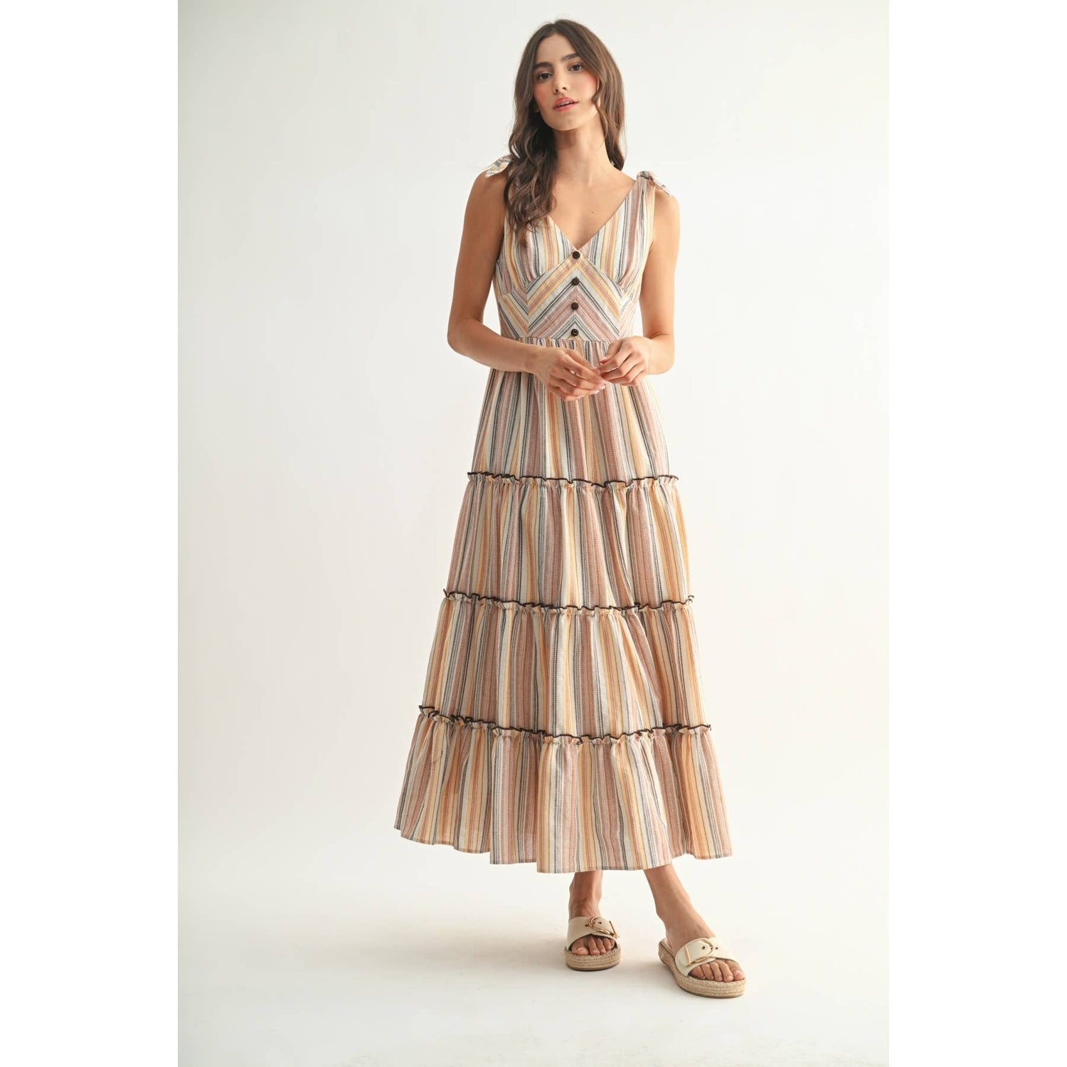 Orange/Brown Multi Striped Maxi Dress with Tie Straps featuring tiered skirt and A-line style