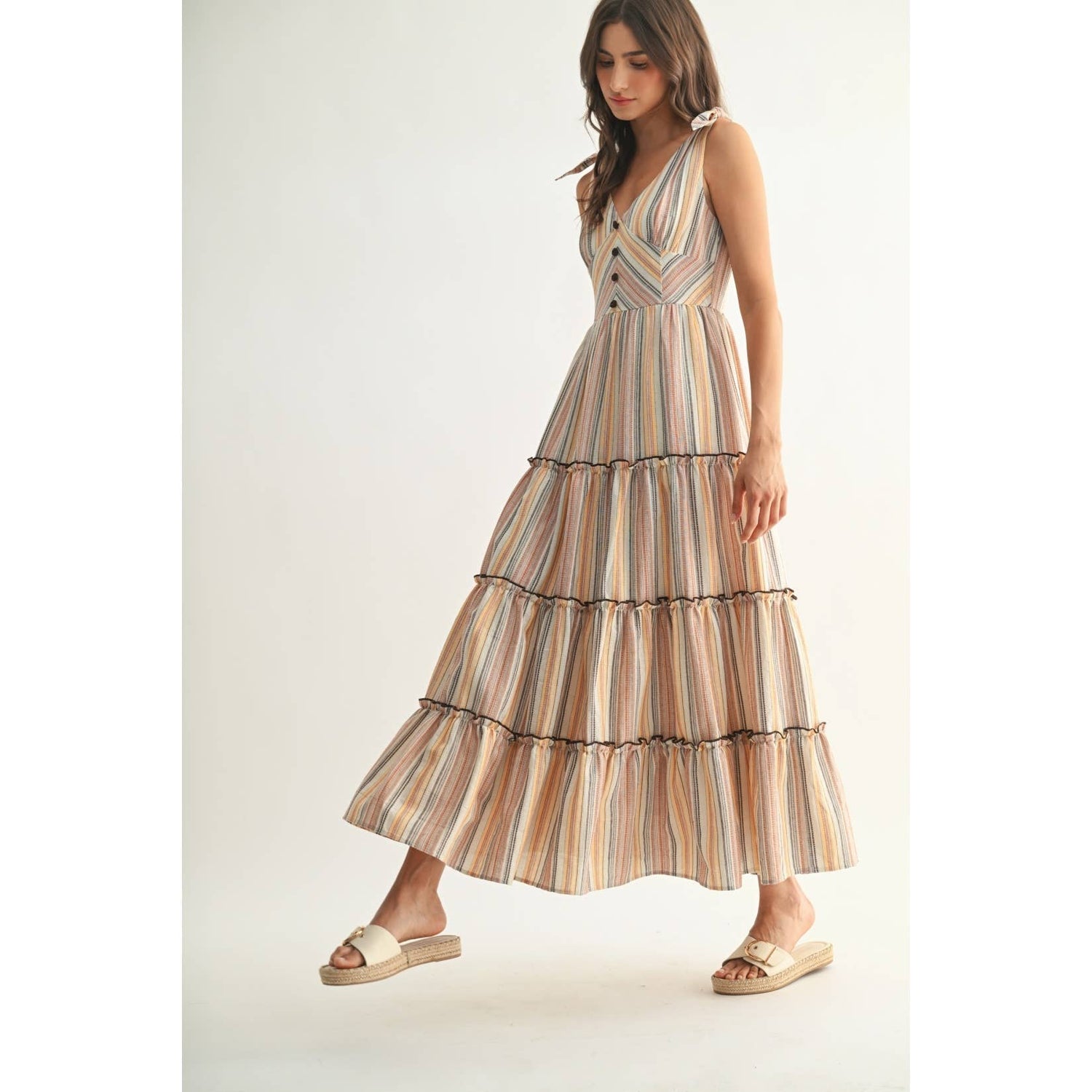 Orange/Brown Multi Striped Maxi Dress with Tie Straps and tiered skirt