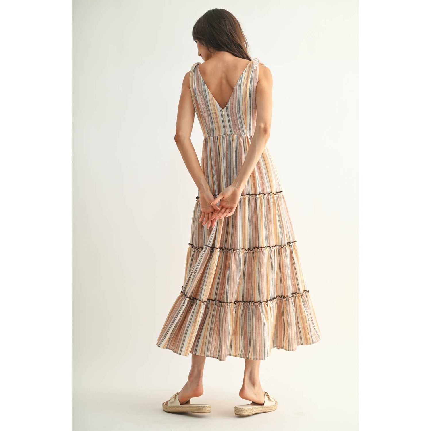 Orange/Brown Multi Striped Maxi Dress with Tie Straps Rear View