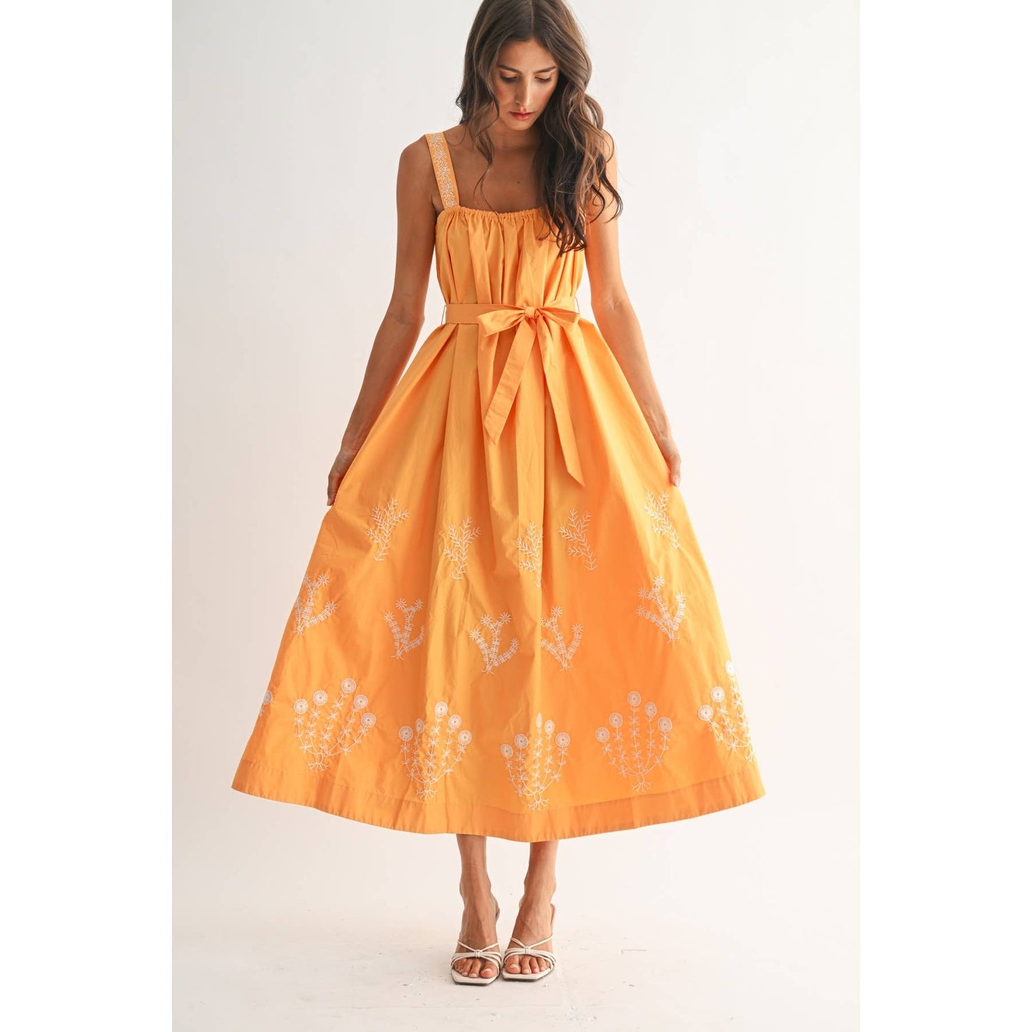 Orange Sunburst Embroidered Maxi Dress showcasing A-line style