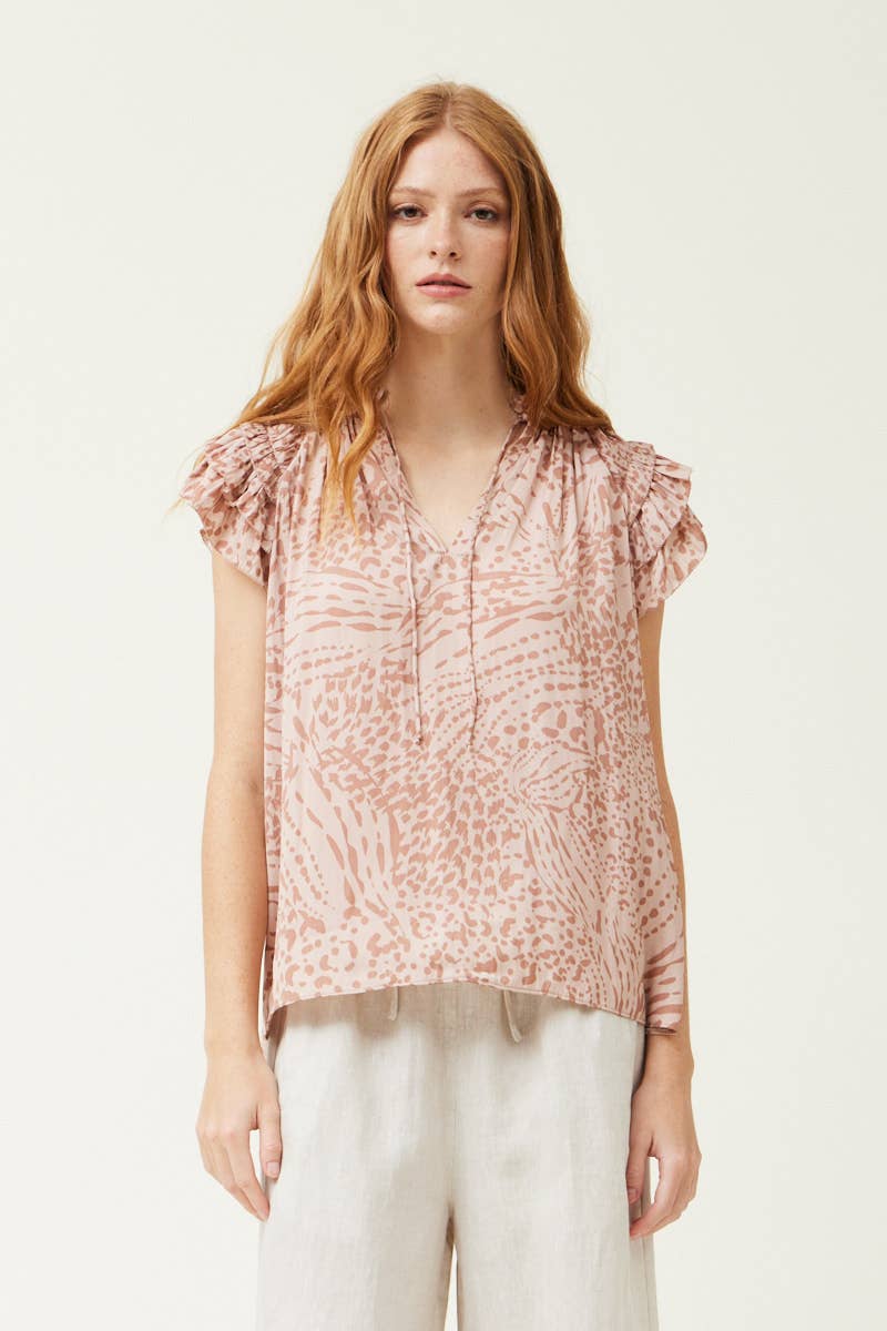 Pink Smoke Printed Ruffle Sleeve Blouse