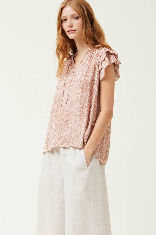 Pink Smoke Printed Ruffle Sleeve Blouse featuring cap sleeves