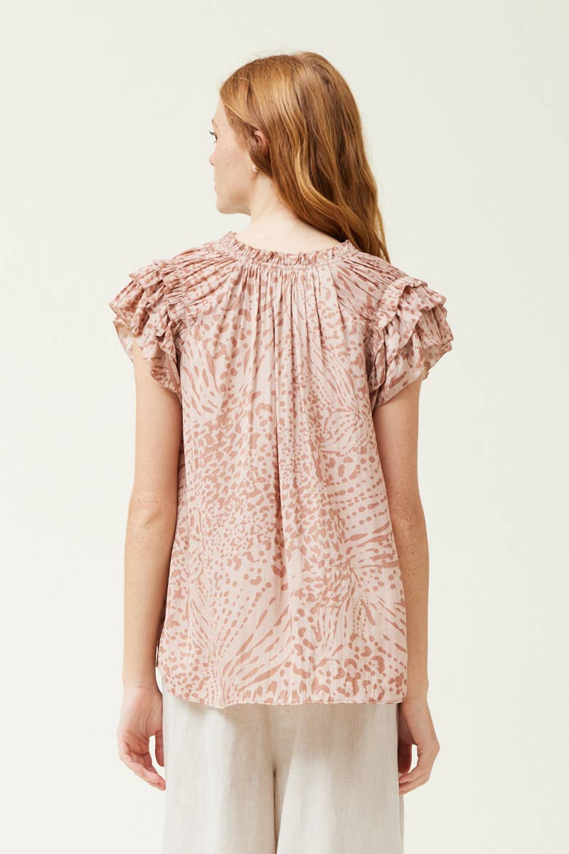 Pink Smoke Printed Ruffle Sleeve Blouse featuring delicate ruffle cap sleeves