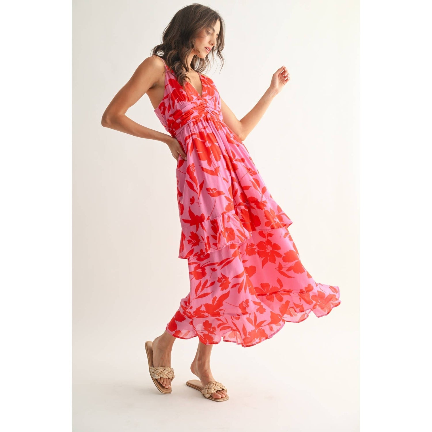Red/Pink Floral Maxi Dress featuring ruffled style and ruched bodice