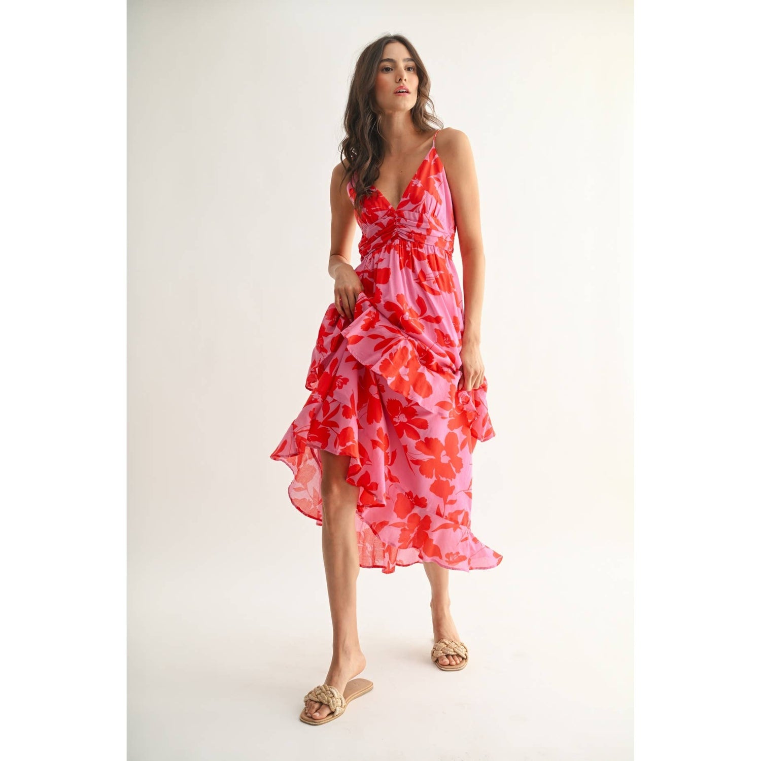 Red/Pink Floral Maxi Dress Front View