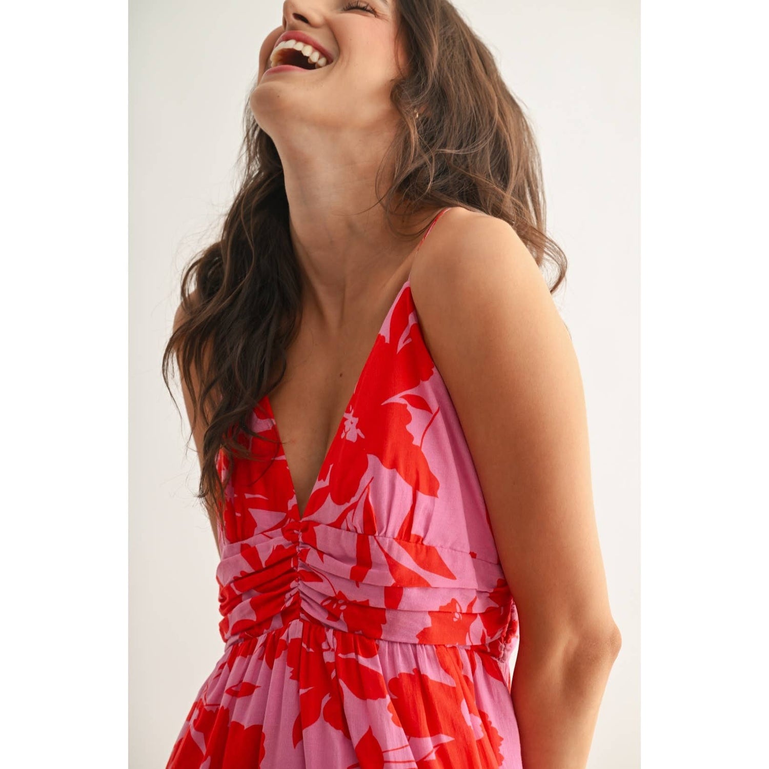 Red/Pink Floral Maxi Dress showcasing plunging v neckline