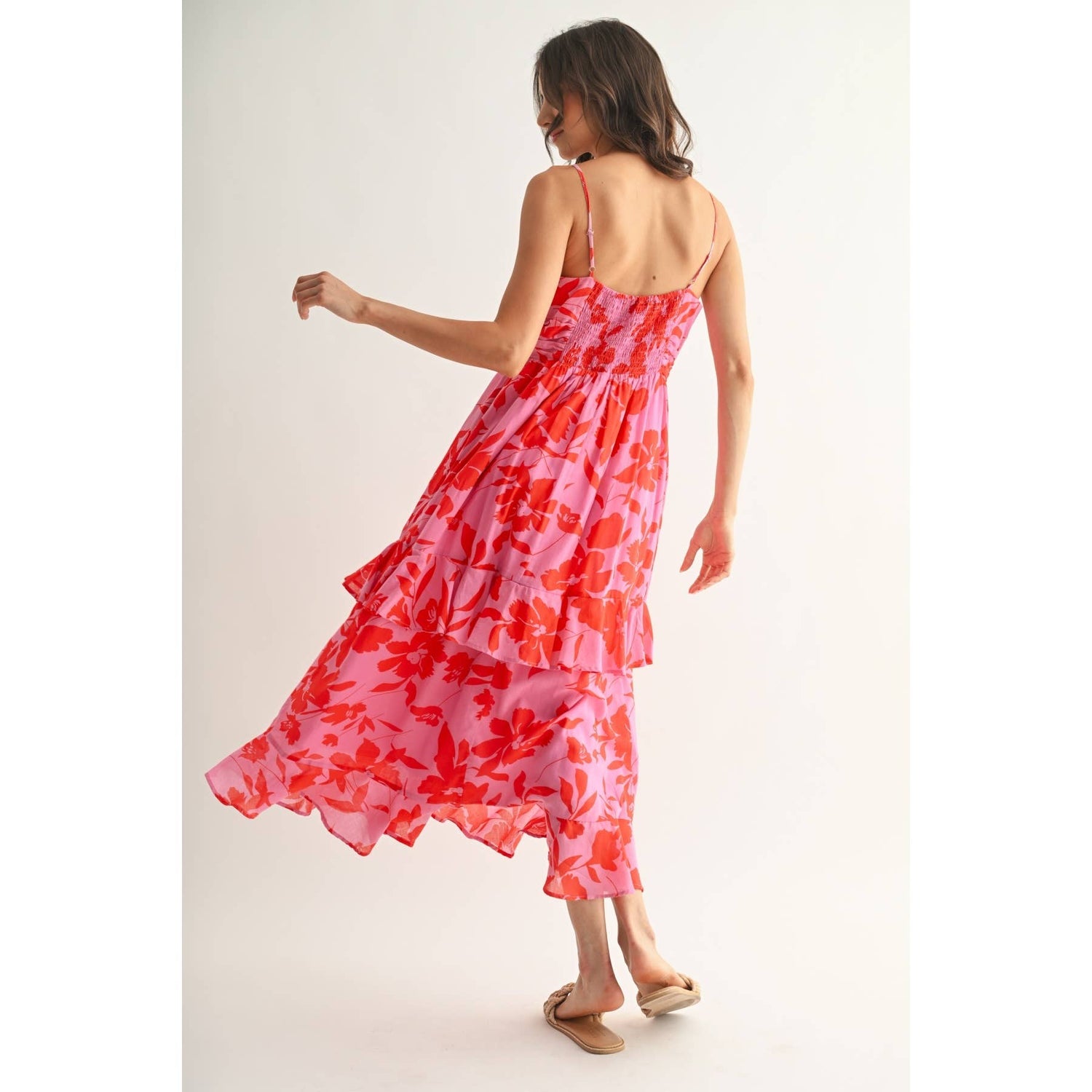 Red/Pink Floral Maxi Dress showcasing fit and flare style