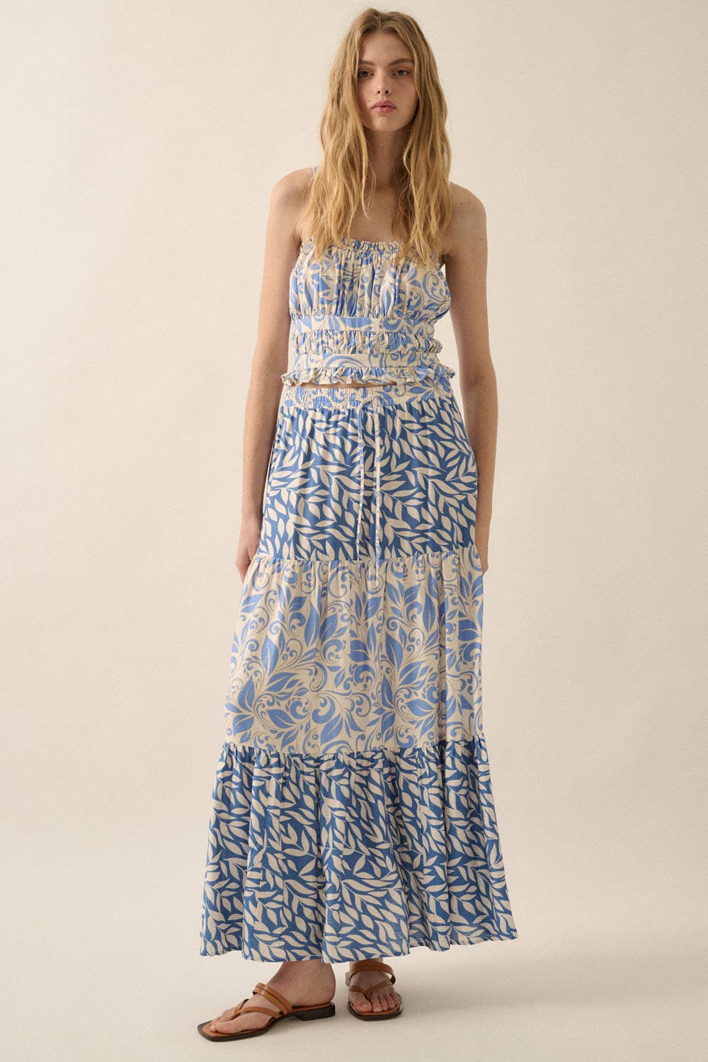 Retro Blue Tiered Ruffle Maxi Skirt