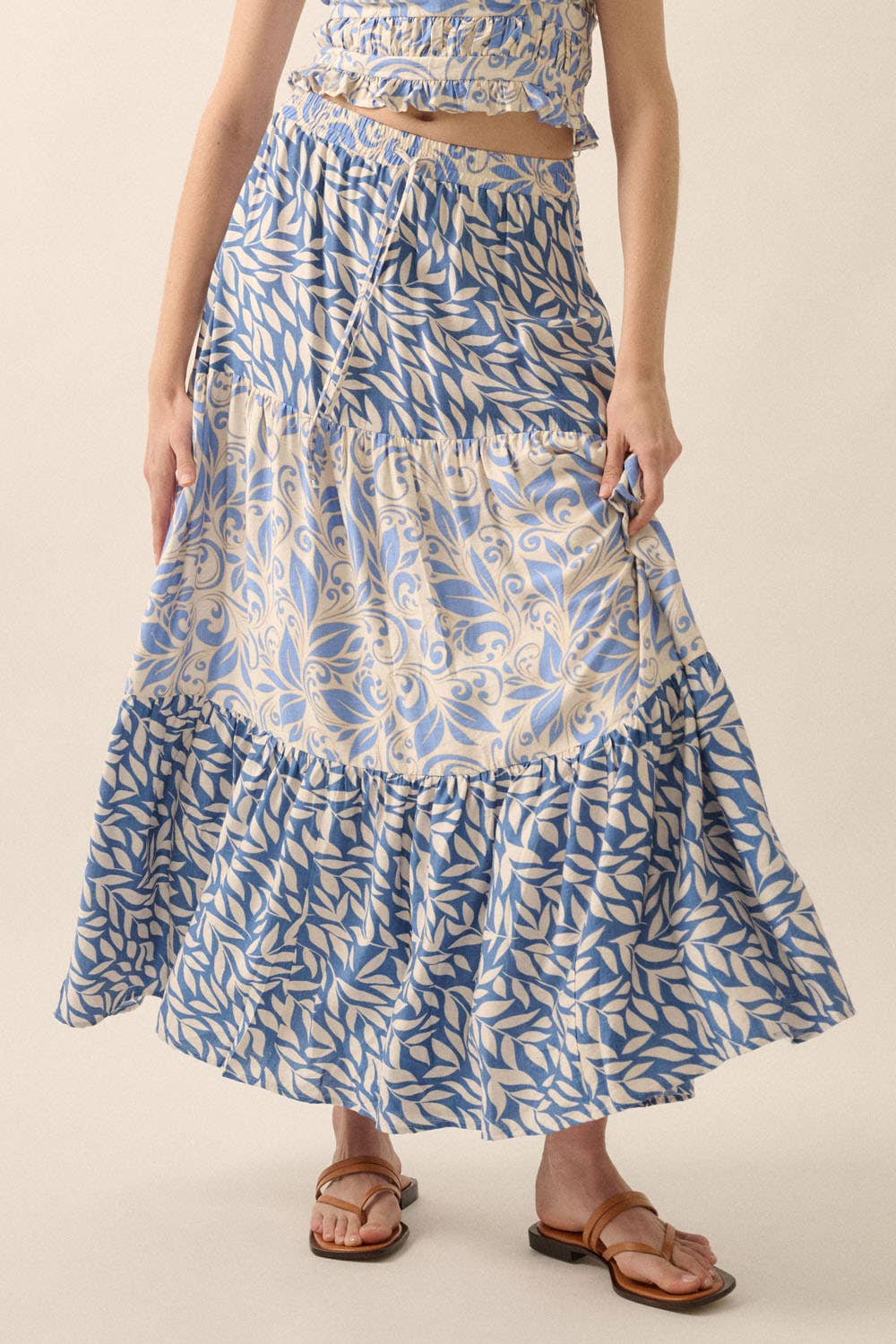 Retro Blue Tiered Ruffle Maxi Skirt with elasticised waist