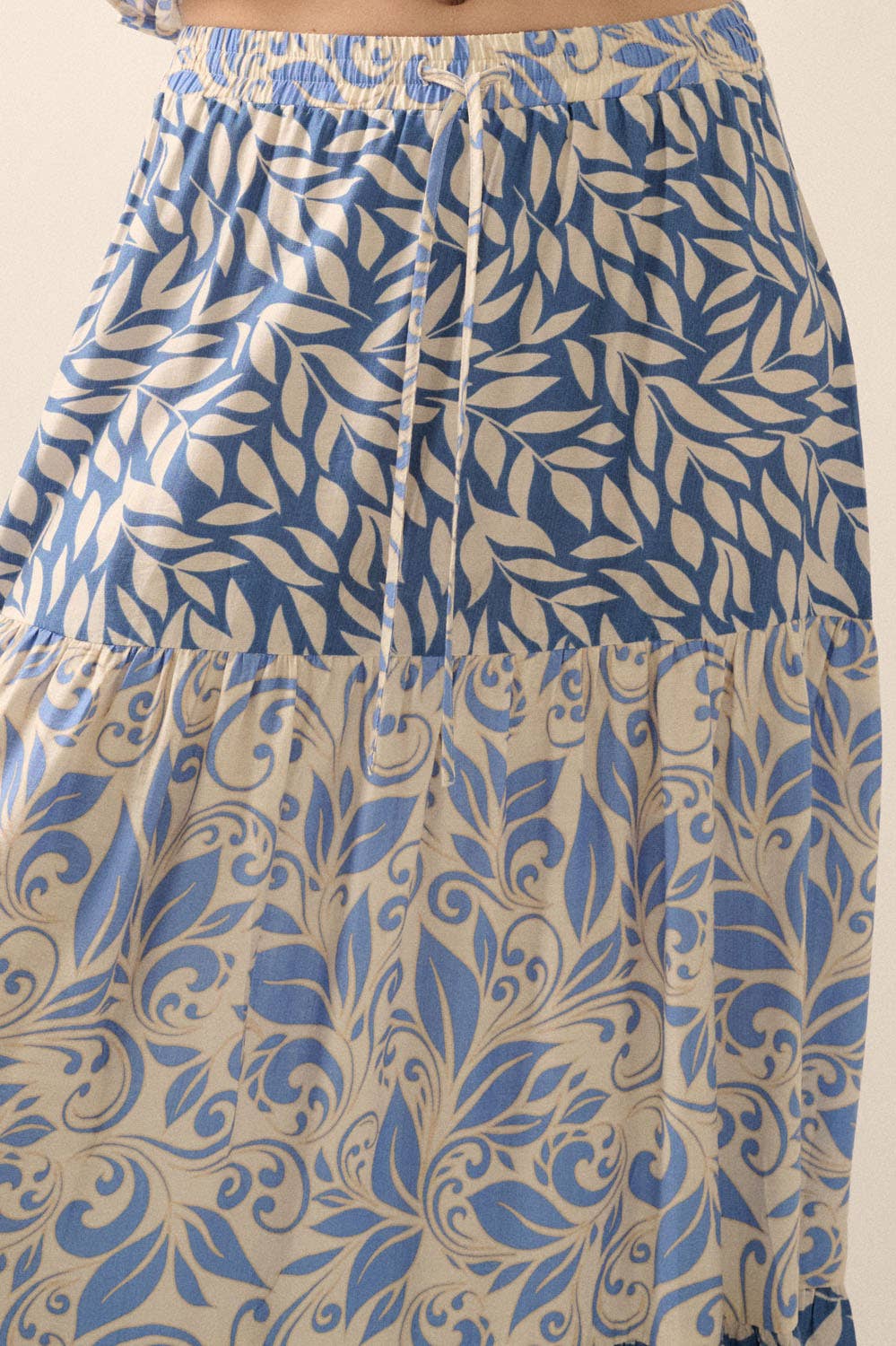 Retro Blue Tiered Ruffle Maxi Skirt close up of floral patterns