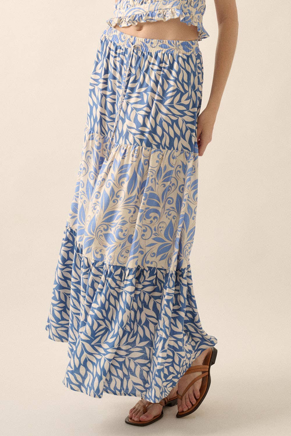 Retro Blue Tiered Ruffle Maxi Skirt Side View