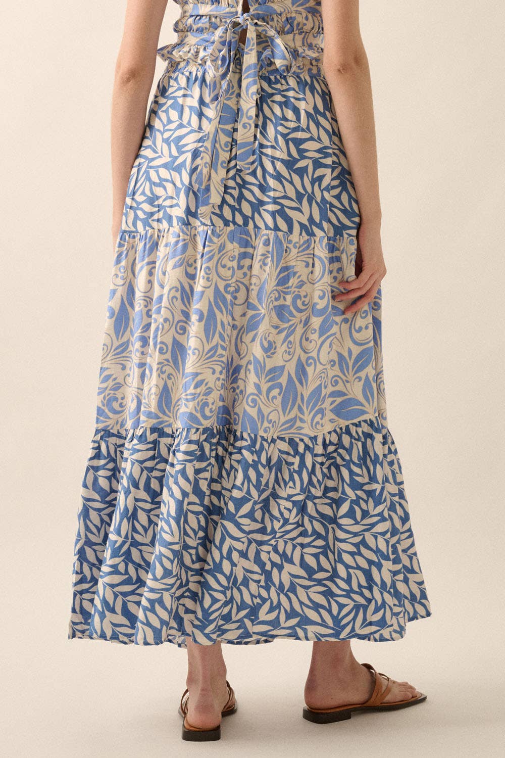 Retro Blue Tiered Ruffle Maxi Skirt Rear View