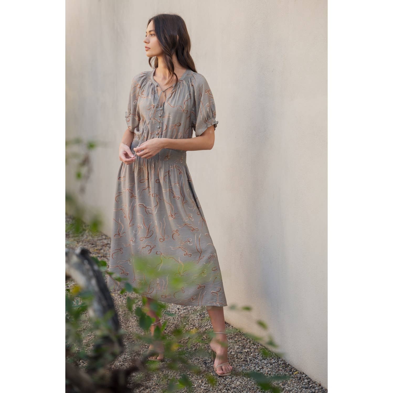 Sage Bow Print Button Front Midi Dress