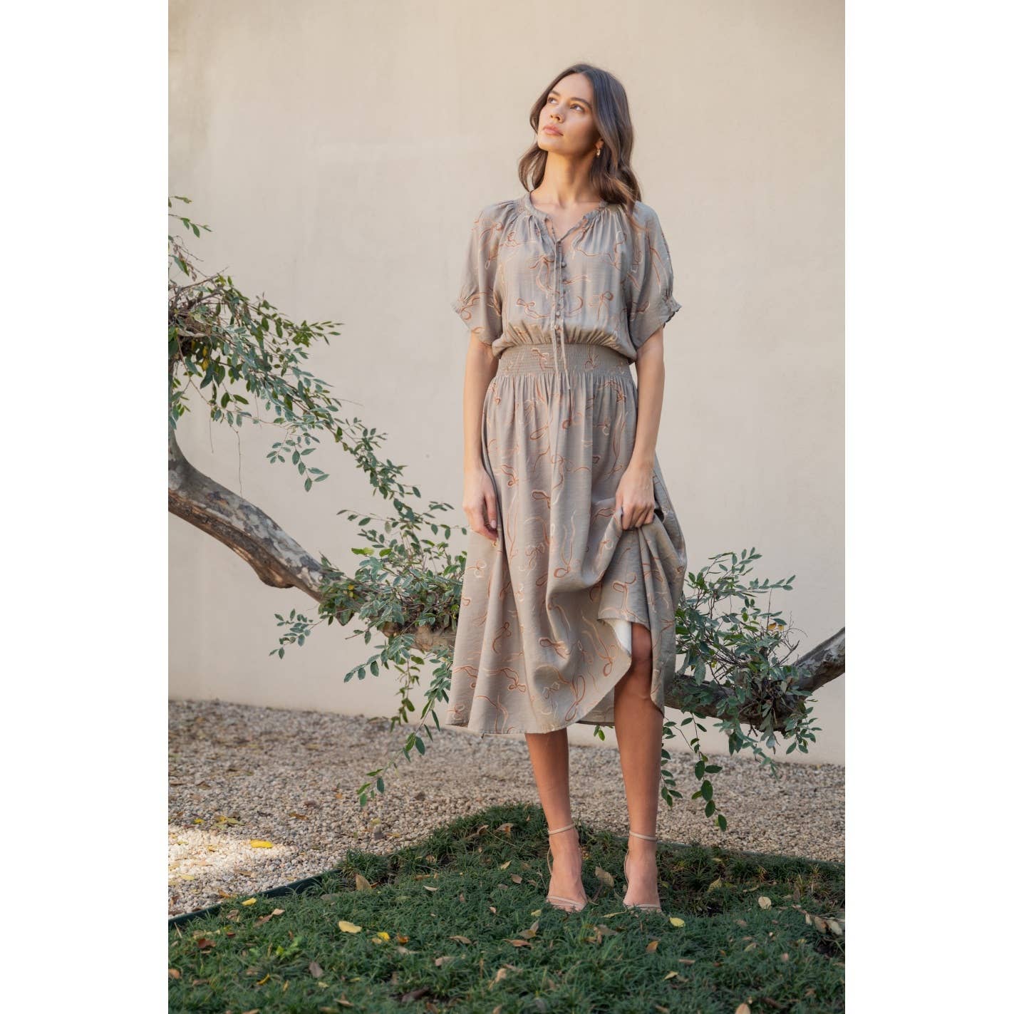 Sage Bow Print Button Front Midi Dress featuring tie neckline