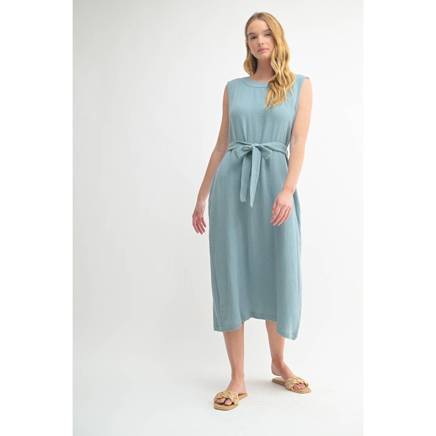 Sage Gauze Tie Front Sleeveless Midi Dress