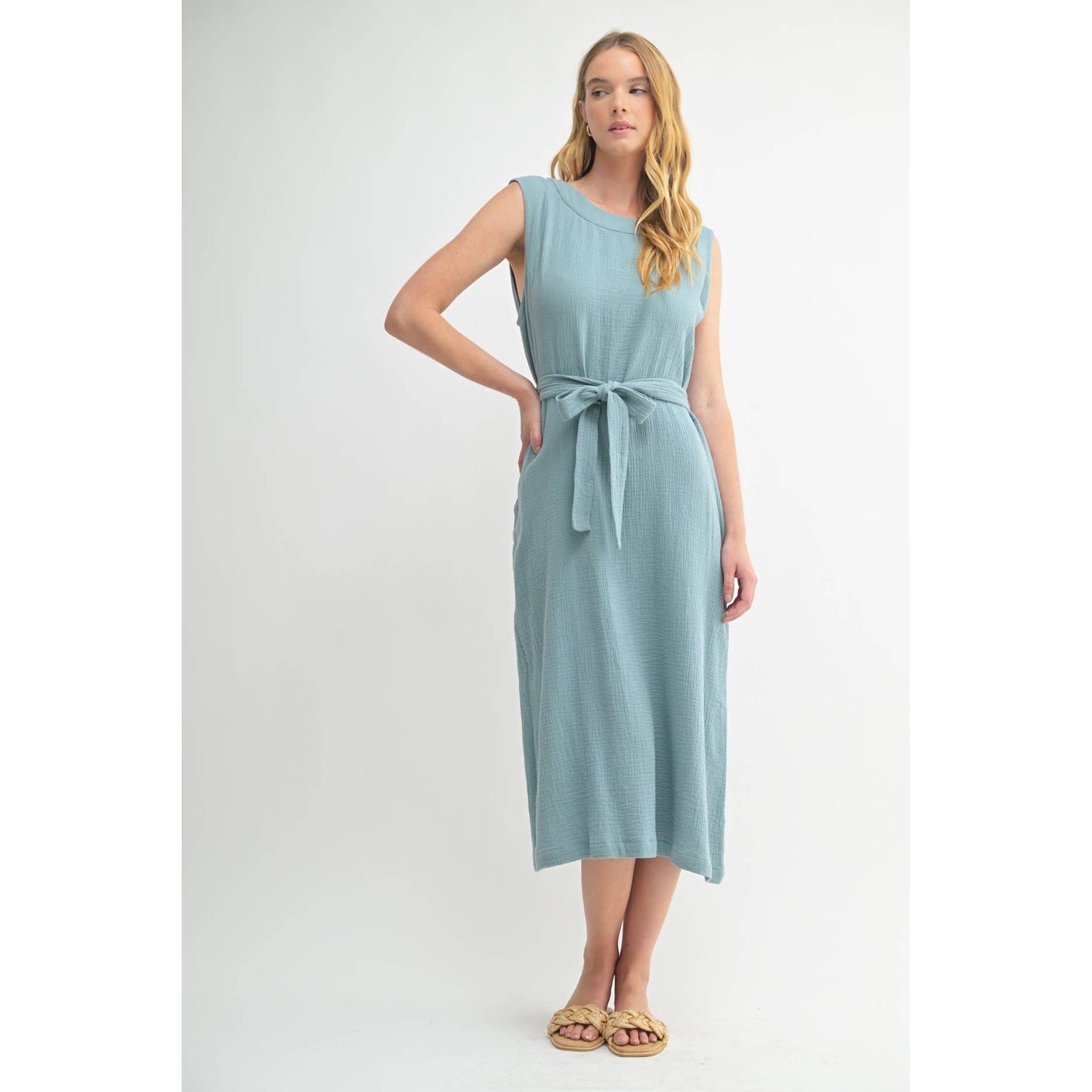Sage Gauze Tie Front Sleeveless Midi Dress showcasing tie