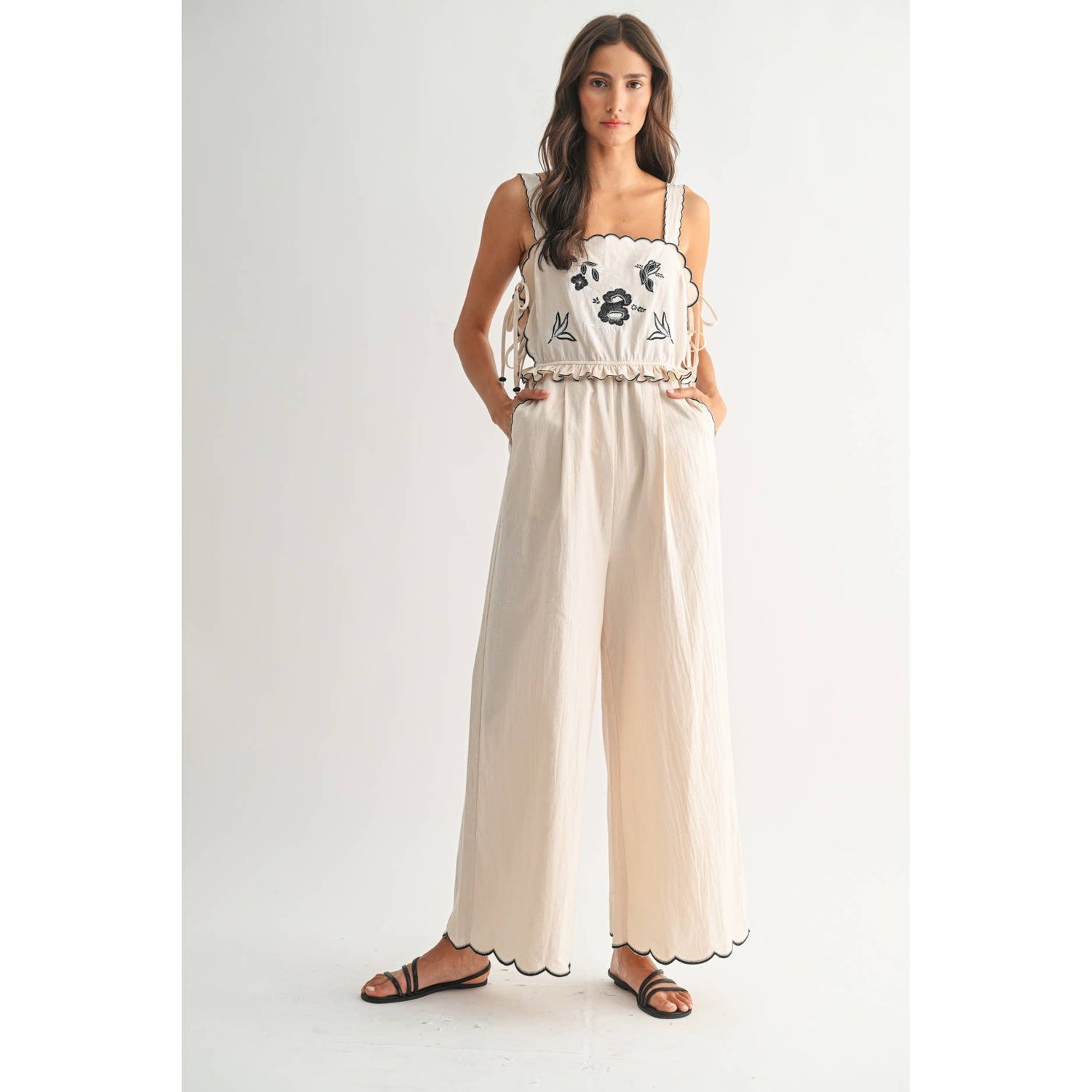 Sand Embroidered Jumpsuit with Unique Scalloped Edge Front View